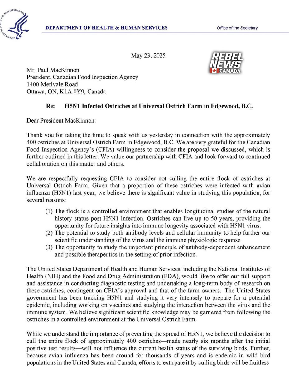 DreaHumphrey's tweet image. OSTRICH FARM UPDATE: 

Here is the full letter to Paul MacKinnon, President of the Canadian Food Inspection Agency, from US Secretary of Health Robert Kennedy Jr.

This is huge! What reason does the CFIA have not to fold? 

More at: SaveTheOstriches.com