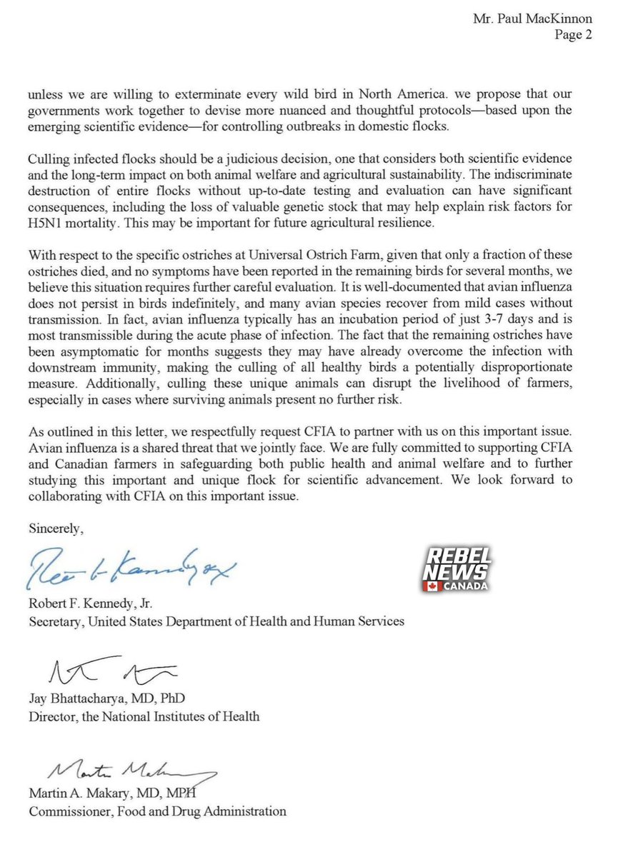 DreaHumphrey's tweet image. OSTRICH FARM UPDATE: 

Here is the full letter to Paul MacKinnon, President of the Canadian Food Inspection Agency, from US Secretary of Health Robert Kennedy Jr.

This is huge! What reason does the CFIA have not to fold? 

More at: SaveTheOstriches.com
