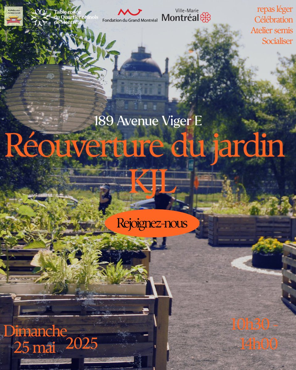 Tu traînes au centre-ville dimanche ? 👀  
Viens découvrir un petit coin caché juste à côté de l’Hôpital chinois de #montreal :  🥬 Le premier jardin communautaire asiatique-autochtone à Montréal en plein cœur du Quartier chinois 

🗓️ Dimanche, le 25 mai
🕙 10h30 – 14h 
📌 189
