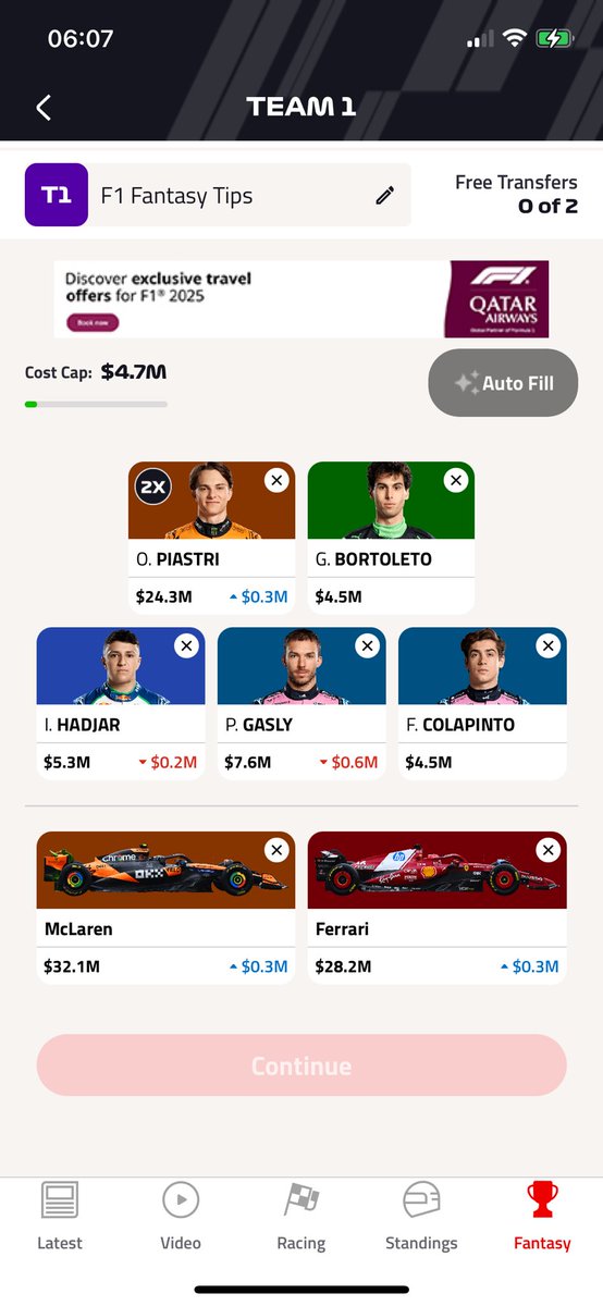 Having to lock my team in super early for #MonacoGP as away from my phone until deadline. 

FER + GAS in for MER + ALB

Good luck all 

#F1Fantasy #F1