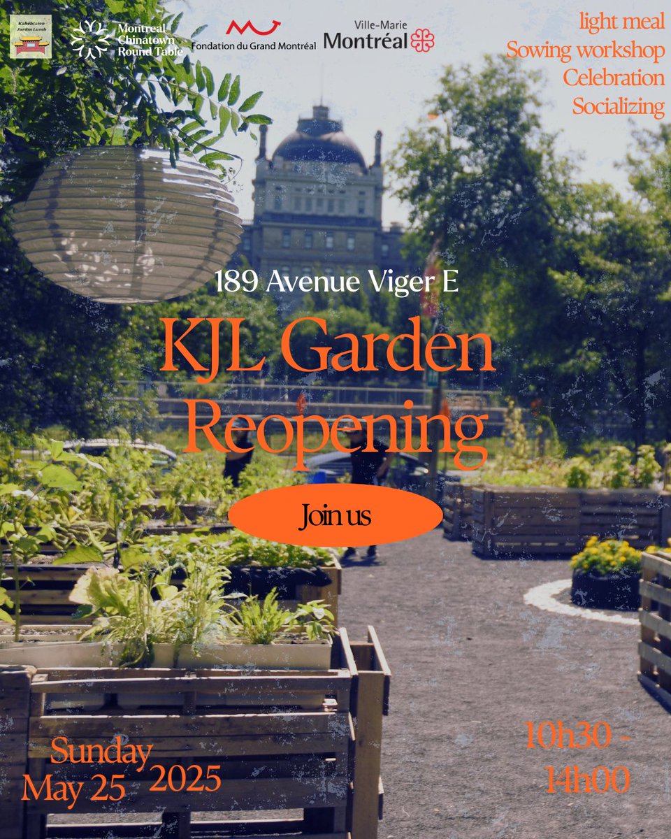 Are you hanging out downtown on Sunday? 👀

Come discover a hidden gem right next to the Chinese Hospital in #Montreal: 🥬 The first Asian-Indigenous community garden in Montreal, right in the heart of Chinatown.

🕙 10:30 AM – 2:00 PM
🗓️Sunday, May 25
📌189 Viger Ave. E

Come