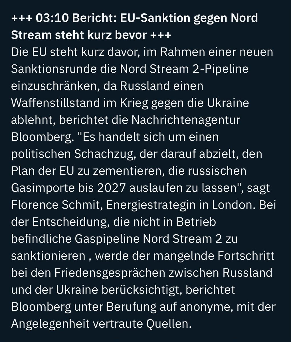 Nord Stream 2 war nie in Betrieb – jetzt wird sie sanktioniert.
Der Knaller:
Nicht wegen Putin, sondern wegen Kretschmer &amp; Co., die weiter davon träumen.
Wird nur anders formuliert.