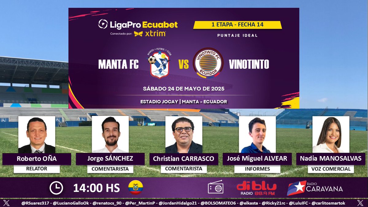 Puntaje Ideal EC (@puntajeidealec) on Twitter photo ⚽ #LigaPro 🇪🇨 | #Manta vs. #Vinotinto
🎙 Relator: <a href="/robertoonar/">Roberto Carlos Oña Romero</a>
🎙 Comentaristas: <a href="/jsanchezparra/">Jorge Sánchez Parra</a> - <a href="/ccarrasco750/">Christian Carrasco</a>
📋 Informes: <a href="/jmalvearc/">José Miguel Alvear</a>
🎙 Voz comercial: <a href="/nadia_manosalva/">nadia manosalvas </a>
📻 <a href="/RadioDibluFM/">Radio Diblu</a> - <a href="/Caravana750/">Radio Caravana</a>
🤳 #DibluSiempreContigo - #TradiciónDeHinchas
Dale RT 🔃 ⚽ #LigaPro 🇪🇨 | #Manta vs. #Vinotinto
🎙 Relator: <a href="/robertoonar/">Roberto Carlos Oña Romero</a>
🎙 Comentaristas: <a href="/jsanchezparra/">Jorge Sánchez Parra</a> - <a href="/ccarrasco750/">Christian Carrasco</a>
📋 Informes: <a href="/jmalvearc/">José Miguel Alvear</a>
🎙 Voz comercial: <a href="/nadia_manosalva/">nadia manosalvas </a>
📻 <a href="/RadioDibluFM/">Radio Diblu</a> - <a href="/Caravana750/">Radio Caravana</a>
🤳 #DibluSiempreContigo - #TradiciónDeHinchas
Dale RT 🔃