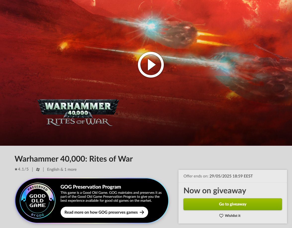 gog.com/en/game/warham…

GOG에서 Warhammer 40,000: Rites of War가 무료 배포중입니다!

1회 등록 시 GOG 라이브러리에 영구적으로 소장 가능하며,

배포 기간은 5월 30일 새벽 1시까지 입니다!