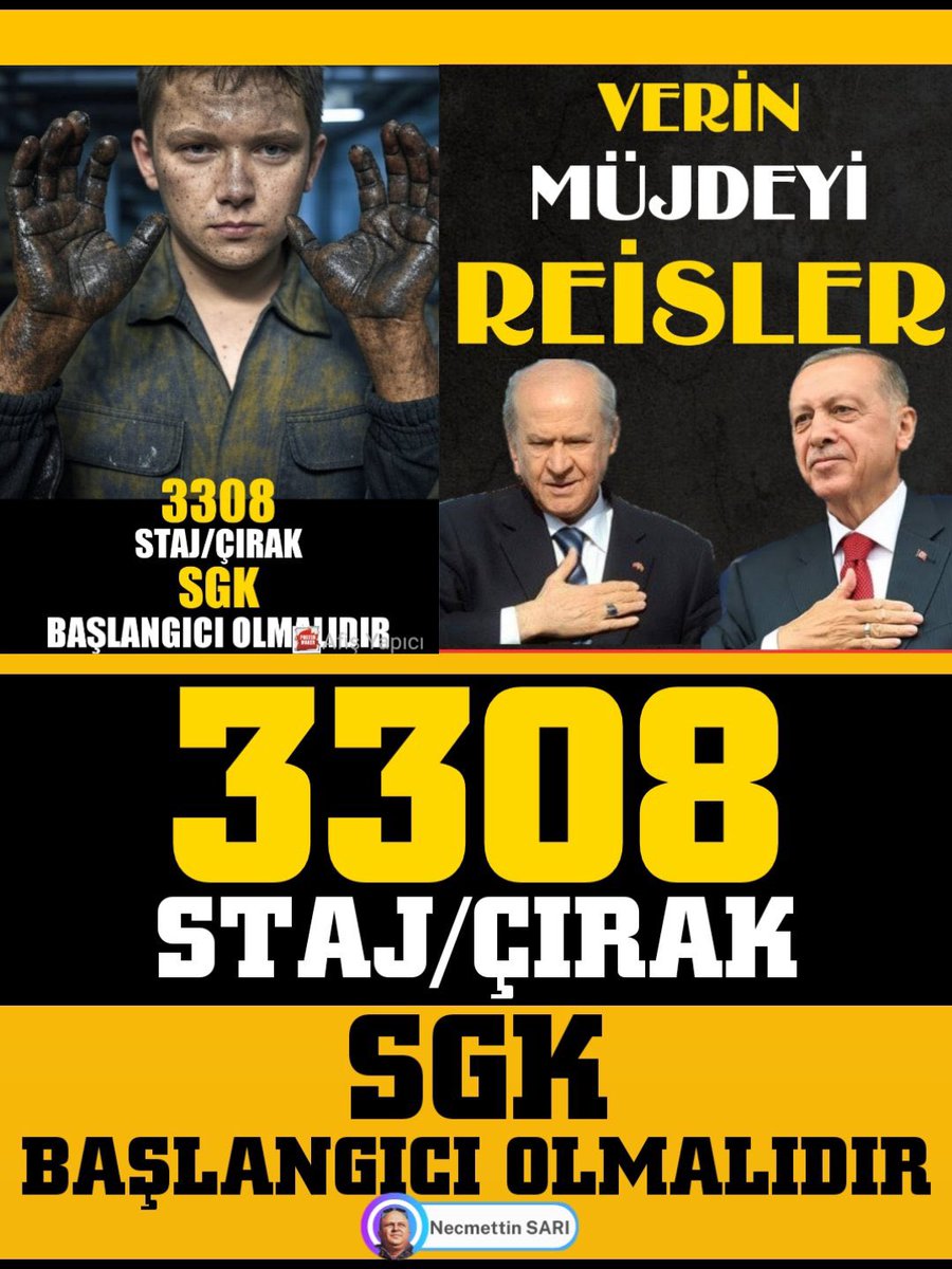 Mesleğin Özendirilmesi Hedefse
MESLEK ÖĞRENMEK İCİN EMEK VERENDEN GELECEK GARANTİSİ TAM SİGORTA ESİRGENMESİN 
Zanaat Ölmesin
#ÇırağaStajyereYolAçın
#3308YasaKaranlıktır