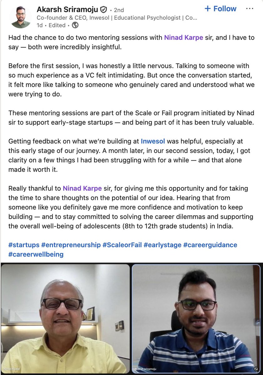 NinadKarpe's tweet photo. When a founder truly listens, magic happens.
Glad my Pro Bono sessions helped Akarsh @Inwesol. He’s solving a real problem. career clarity for students.
The future belongs to founders who dare to care.
#Startups #MentorshipMatters #ScaleorFail #ProBono https://t.co/Y18gIo8ExU