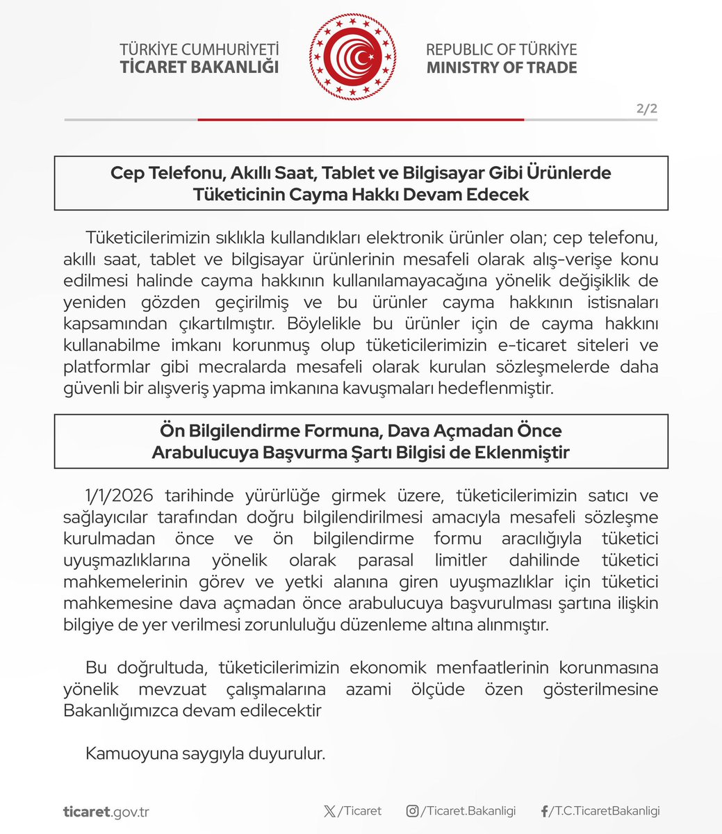 Ticaret Bakanlığı Tarafından Mesafeli Sözleşmeler Yönetmeliği’nde Tüketici Lehine Yeni Düzenlemeler Yapılmıştır

(24.05.2025)