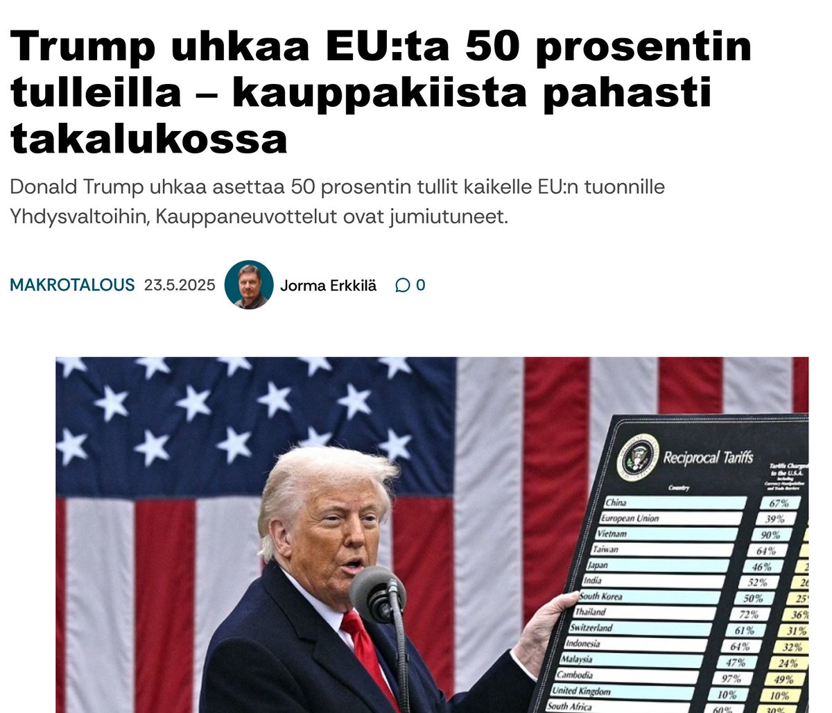 Suomen talousongelmat syvenevät syvenemistään EU:n "vapaakauppaliiton" osana, joka vapaan kaupan sijasta vaikeuttaa kaupankäyntiämme muuhun maailmaan merkittävästi. Valtiollinen itsenäisyys on todellista vapautta; EU:n meille takaamat "vapaudet" ovat todellisuudessa kahleita.