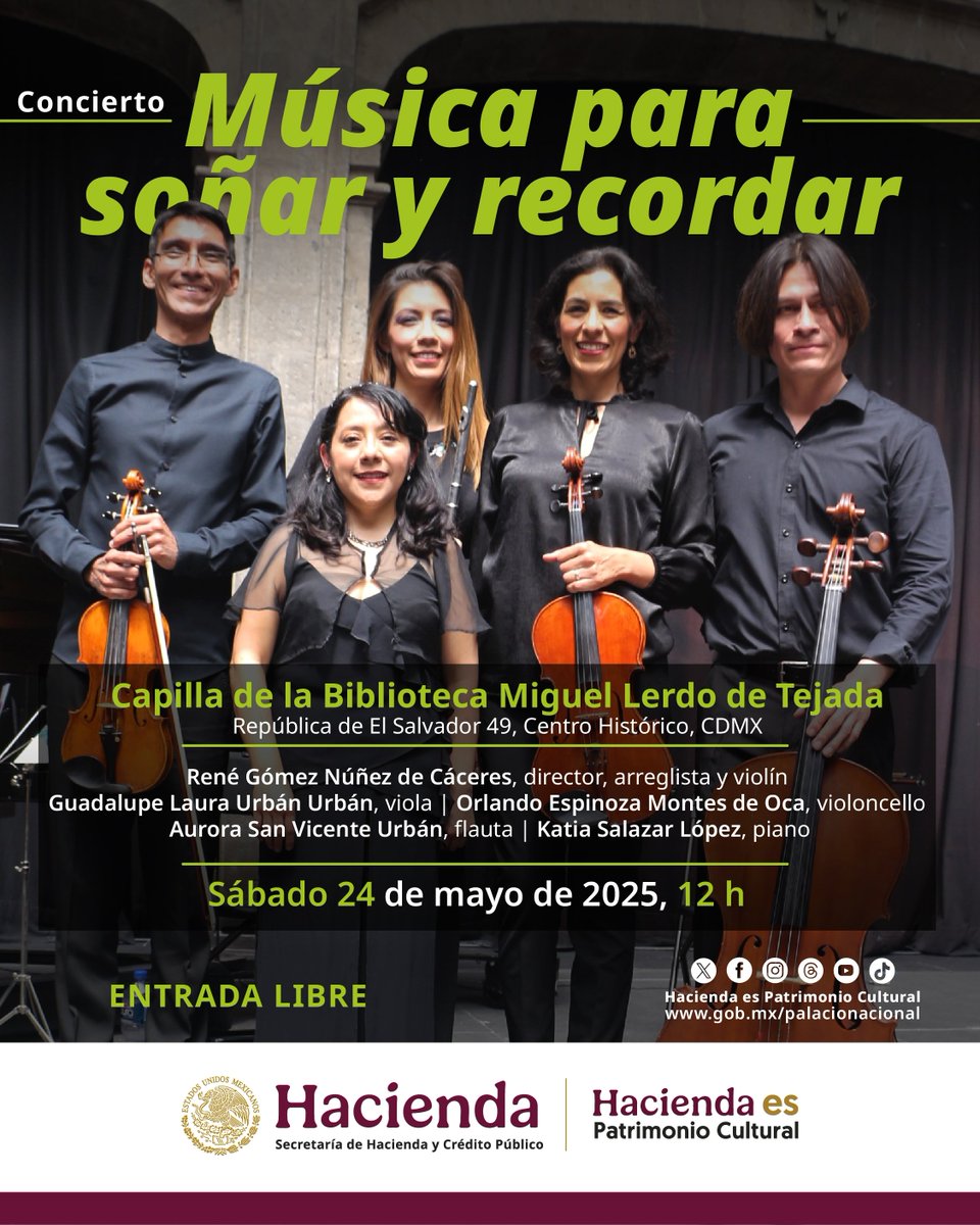 Hacienda (@hacienda_mexico) on Twitter photo Acompáñanos este sábado en la Capilla de la Biblioteca Miguel Lerdo de Tejada de <a href="/HaciendaCultura/">Hacienda es Patrimonio Cultural</a> para el concierto «Música para soñar y recordar» 🎼🎻🎹
🗓️ Sábado 24 de mayo
📍 República de El Salvador 49, #CDMX
⏰ 12:00 horas
🎟️ Entrada libre Acompáñanos este sábado en la Capilla de la Biblioteca Miguel Lerdo de Tejada de <a href="/HaciendaCultura/">Hacienda es Patrimonio Cultural</a> para el concierto «Música para soñar y recordar» 🎼🎻🎹
🗓️ Sábado 24 de mayo
📍 República de El Salvador 49, #CDMX
⏰ 12:00 horas
🎟️ Entrada libre