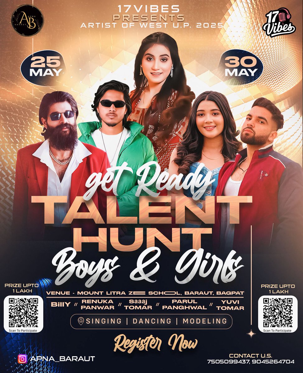 Register now get a chance to showcase your talent on a big platform. 

Winning price upto 1 Lakh.

For more information call on 
9045264704, 7505099437

#artistofthewestup

Be ready guys ✌️✨

Follow : @17vibe_creations