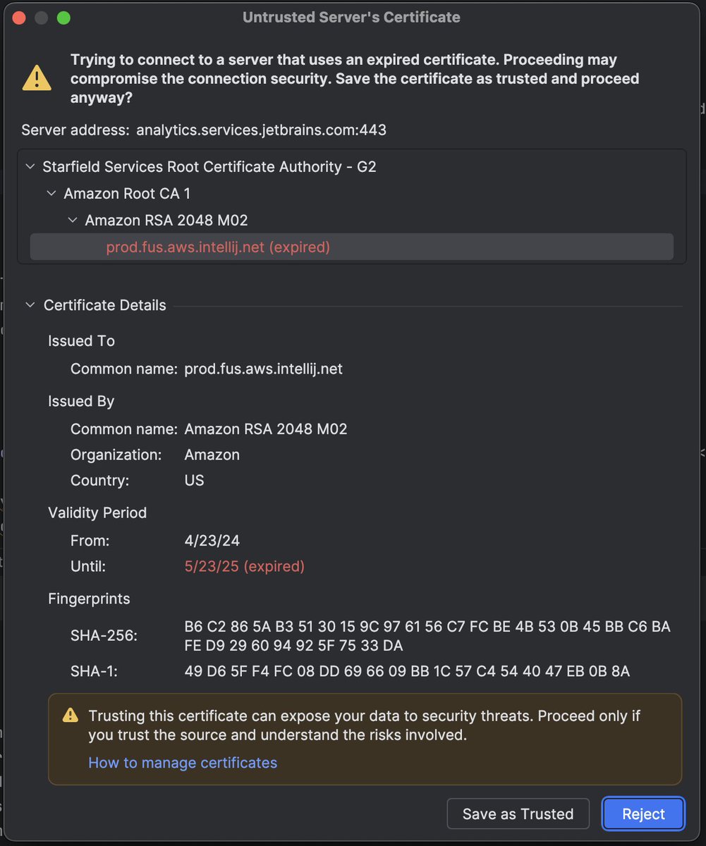 Ramborambowski's tweet image. Uh oh. Looks like someone at @jetbrains forgot to press the right certificate renewal buttons.