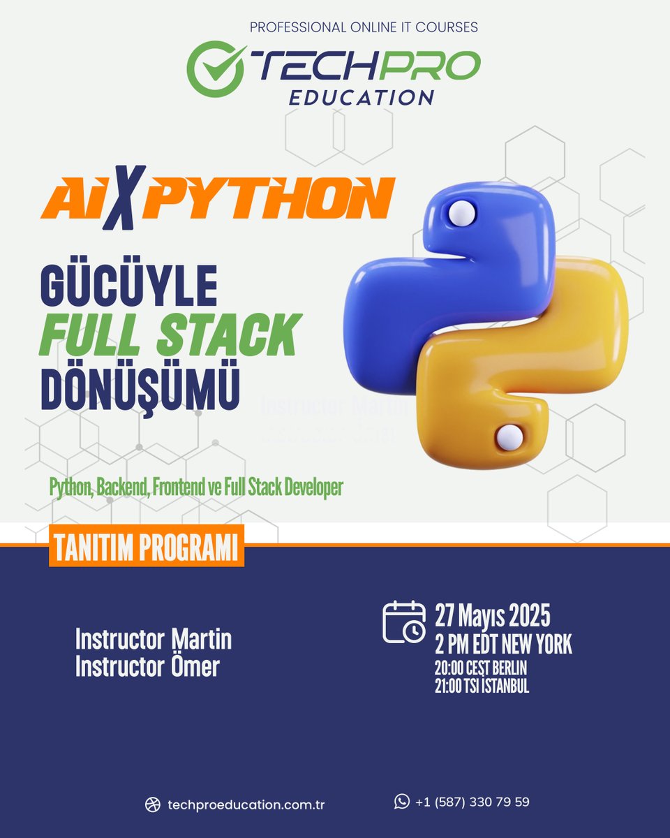 techproedu_tr's tweet image. 🌟 AI x Python Gücüyle Full Stack Dönüşümü! 🌟

🚀 Yepyeni Python Developer programımızın tanıtım etkinliğine davetlisiniz!

#PythonKursu #TeknolojiEğitimi #YapayZeka #WebGeliştirme #VeriBilimi