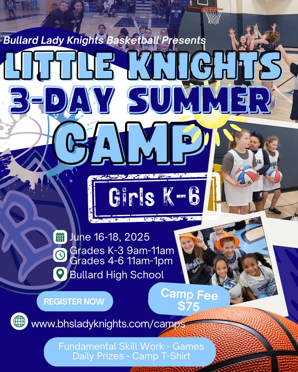 Fresno Unified Students. K-6
3-Day Girls Basketball Summer Camp. 
Go to bhsladyknights.com for more details. 
June 16-18 at Bullard High School.