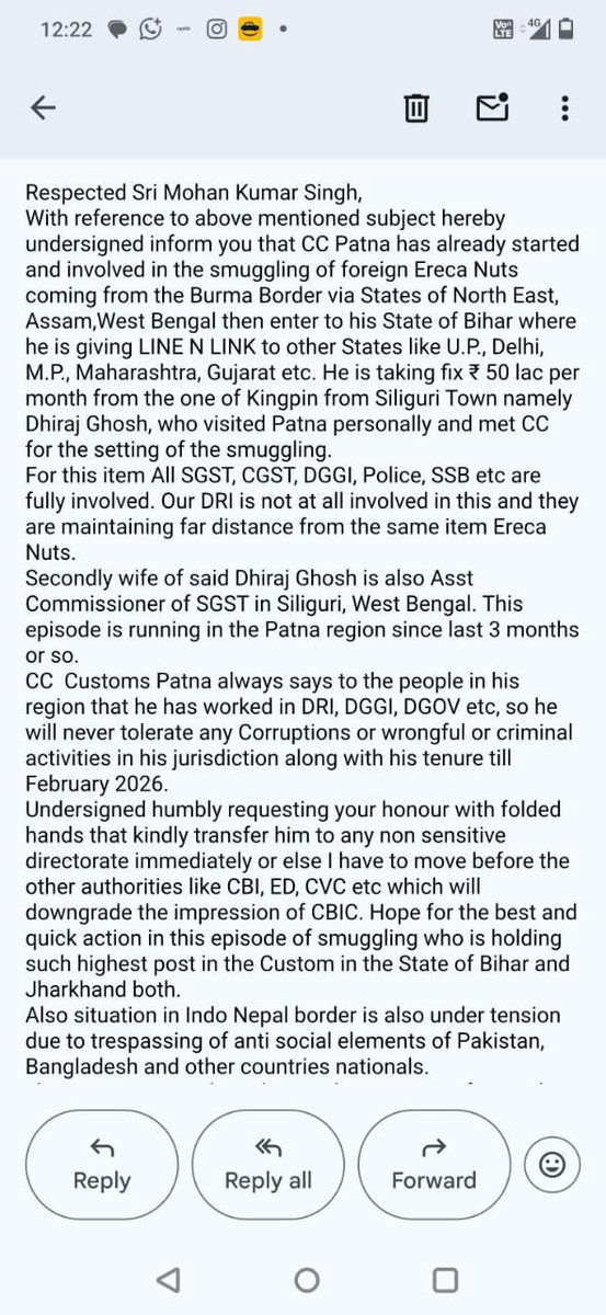 abhijatindia's tweet photo. I have received yet another complaint against the Chief Commissioner of Customs, Patna Zone @cusprevpatna , regarding his alleged involvement in the smuggling of Erica nuts (monthly 50 lakhs). This further reinforces the repeated complaints—both by the Associations and by individuals—about how the Customs Department has become a safe haven for certain IRS officers to thrive in corruption and amass huge amounts of illegal money through smuggling activities, particularly Erica/betel nuts and, more recently, gold smuggling at Lucknow Airport. It also includes the alleged auctioning of Nepal-border postings by the Chief Commissioner himself, where high-revenue postings are arbitrarily labeled as “Most Sensitive” without any legal basis.

This smuggling activity is termed as “taking line” in common saying in customs department. 

All associations have opposed this kind of illegal classification and the institutionalized sanctioning of corruption in Customs. However, no action has been taken, as these officers continue to receive protection through a powerful network of IRS officers. They have a vested interest in maintaining a steady stream of illegal monthly income within Customs.

The root of the problem lies in the fact that @dgovcbic functions more to shield IRS officers than to ensure accountability. The IRS forms a tightly knit group within @cbic_india , occupying all supervisory posts and effectively blocking the upward mobility of honest subordinates. Through this network, they maintain their grip on the department, enabling corruption to flourish and departmental resources to be looted with impunity. Despite thousands of complaints to the @FinMinIndia , no reforms have been initiated. Citizens and taxpayers are left at the mercy of a corrupt system where honest officers cannot survive. I lost my job in the hands of a notorious corrupt IRS officer on the grounds of writing such complaints to ministry. This shows how their gang has stronghold in ministry itself. 

It is imperative to investigate the content of the attached complaint and auctioning of the so-called  “Most Sensitive” posts. For instance, despite repeated complaints against a former Additional Commissioner in Lucknow Customs Preventive @cusprevlucknow —allegedly involved in organized gold smuggling at the airport—and a clear DGHRD directive to relieve him by April 30, 2025, he was not relieved by the Chief Commissioner @cusprevpatna . Instead, he remained in place until he processed the file related to “Most Sensitive” transfer postings. He was finally relieved on a Friday, and the Chief Commissioner signed the order on the following Tuesday, May 20. The role of the Chief Commissioner must be investigated in this regard.

This policy of sanctioning corruption in Customs must be withdrawn and replaced with a transfer/posting framework aligned strictly with the guidelines of DoPT, CVC, and DGHRD, as repeatedly demanded by the Association. The multi-crore transfer-posting industry must be dismantled in the interest of national security and institutional integrity.

For more information please see this thread : 

@narendramodi @nsitharaman @DoPTGoI @CBIHeadquarters @CVCIndia @PIB_India @mppchaudhary @nsitharamanoffc @DrJitendraSingh @AmitShah @rajnathsingh @BJP4India @RahulGandhi @IndianExpress @aajtak @DainikBhaskar @khurpenchh @AshokKhemka_IAS @fpjindia @aajtak 

#OrganisedCorruptionInCBIC