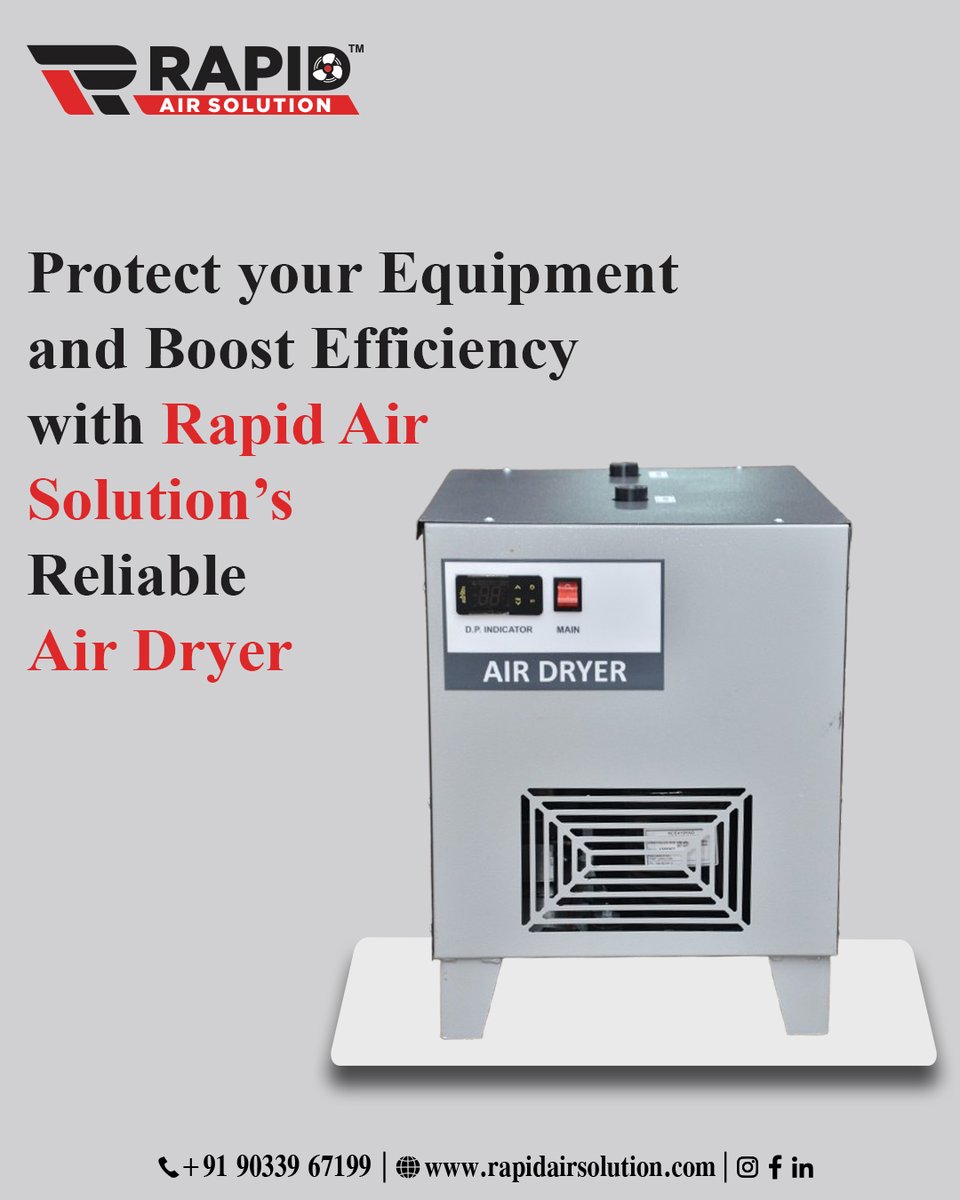 rapidairsol's tweet photo. Protect your equipment and boost efficiency with Rapid Air Solution’s reliable Air Dryer!
Clean, dry air = better performance, less downtime, and longer equipment life.
🌐 https://t.co/rIMOkx3g8a
📞 +91 93270 08983
#RapidAirSolution #AirDryer #IndustrialSolutions #CompressedAir https://t.co/9Zrup1okaZ