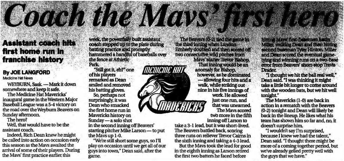ABDugoutStories's tweet photo. #OTD in 2003: The @mhmavericks make their @wcbleague debut with a 5-4 win over @Wey_Beavers. Assistant coach Rich Dean hit the club's first-ever home run that night as the team was waiting for a few recruits to get into town. #MedHat #WCBL #WMBL #Baseball ⚾️🇨🇦 https://t.co/bsV0xEVkHT