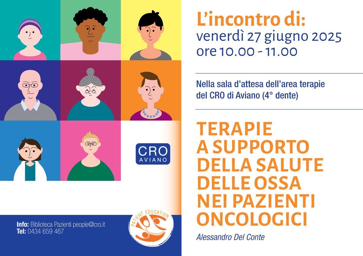 Centro di Riferimento Oncologico (@croaviano) on Twitter photo 📌Venerdì 27 giugno, alle 10, per il ciclo degli Incontri a tema parleremo di 'Terapie a supporto della salute delle ossa nei pazienti oncologici'. Interverrà Alessandro Del Conte dell’Oncologia medica del CRO.
👉 Per info, contatta la Biblioteca (0434 659467, people@cro.it). 📌Venerdì 27 giugno, alle 10, per il ciclo degli Incontri a tema parleremo di 'Terapie a supporto della salute delle ossa nei pazienti oncologici'. Interverrà Alessandro Del Conte dell’Oncologia medica del CRO.
👉 Per info, contatta la Biblioteca (0434 659467, people@cro.it).