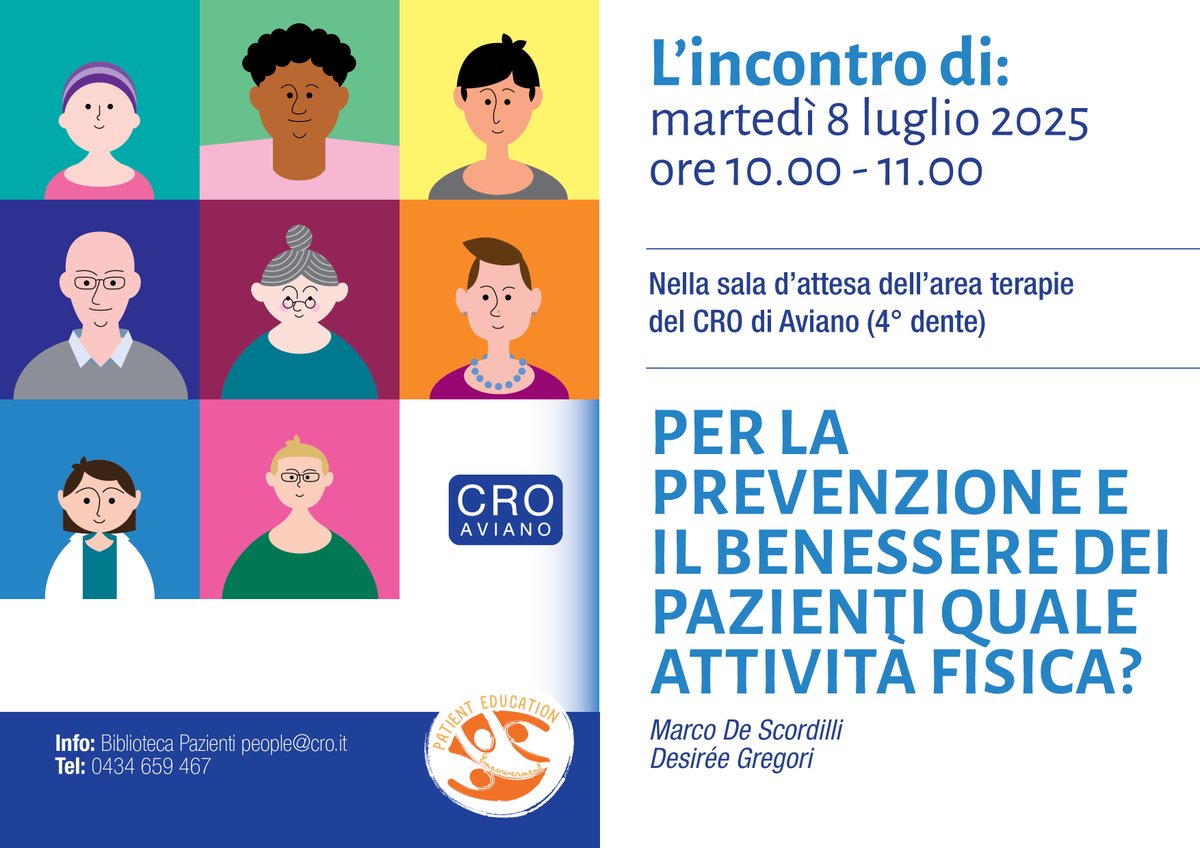Centro di Riferimento Oncologico (@croaviano) on Twitter photo 📌Martedì 8 luglio, alle 10, è in programma l’incontro 'Per la prevenzione e il benessere dei pazienti quale attività fisica?' con Marco de Scordilli dell'Oncologia medica e Desirée Gregori, già docente di Scienze motorie e sportive.
👉 Per info: 0434 659467, people@cro.it 📌Martedì 8 luglio, alle 10, è in programma l’incontro 'Per la prevenzione e il benessere dei pazienti quale attività fisica?' con Marco de Scordilli dell'Oncologia medica e Desirée Gregori, già docente di Scienze motorie e sportive.
👉 Per info: 0434 659467, people@cro.it