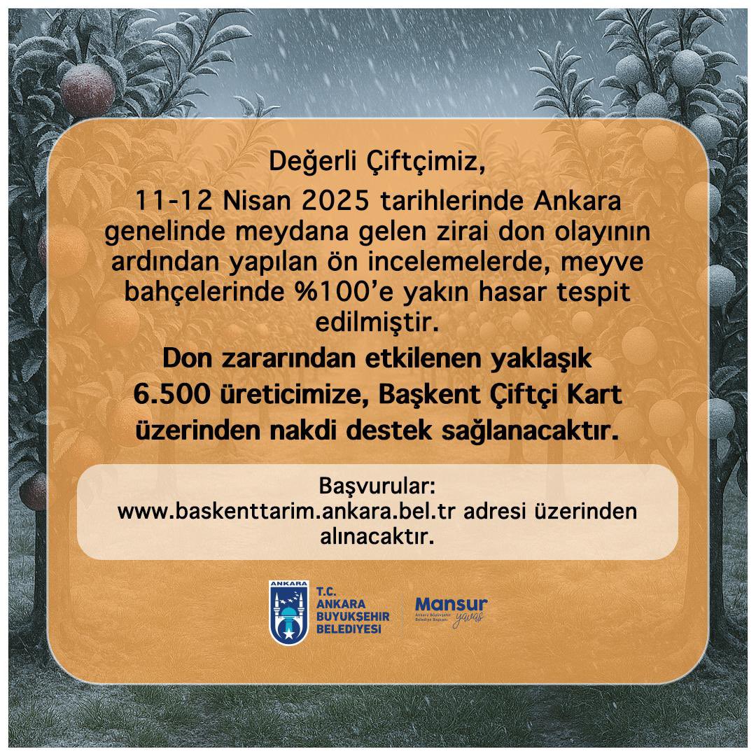 “Çiftçimizin emeği bizim için değerlidir.”

11-12 Nisan’da Ankara’da yaşanan zirai don felaketinin ardından, meyve bahçelerinde %100’e varan hasar tespit ettik.
Bu zorlu süreçte üreticimizin yanında olmak boynumuzun borcudur.

Yaklaşık 6.500 çiftçimize Başkent Çiftçi Kart