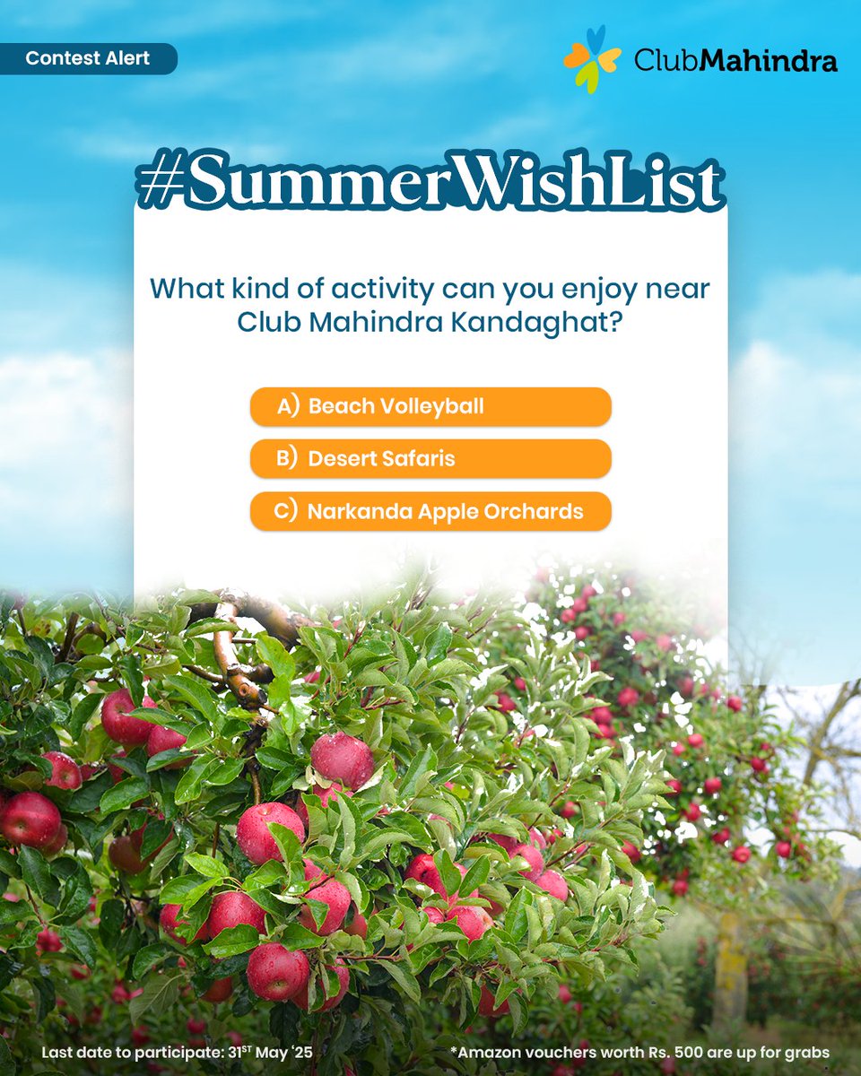 Club Mahindra (@clubmahindra) on Twitter photo #ContestAlert 8 of 15
Participate in all #SummerWishList
STEPS
1) Comment below with your answer using #SummerWishList and #ClubMahindra. Don’t forget to tag <a href="/clubmahindra/">Club Mahindra</a> and four of your friends – it’s mandatory!
2) Participate in all 15 contest posts. Winners get Amazon #ContestAlert 8 of 15
Participate in all #SummerWishList
STEPS
1) Comment below with your answer using #SummerWishList and #ClubMahindra. Don’t forget to tag <a href="/clubmahindra/">Club Mahindra</a> and four of your friends – it’s mandatory!
2) Participate in all 15 contest posts. Winners get Amazon
