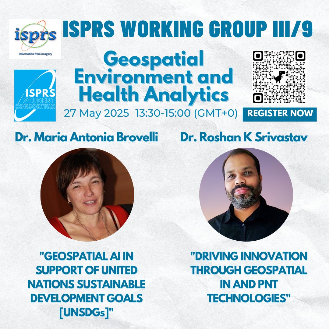 📢 ISPRS WG III/9 Webinar Alert ‼️

🚧 Geospatial Environment and Health Analytics
🗓️ 27 May 2025
🕜 13:30-15:00 GMT+0

👩‍🏫 Dr. Maria Antonia Brovelli
🧑‍🏫 Dr. Roshan K Srivastav

🔗 Register here: us02web.zoom.us/webinar/regist…