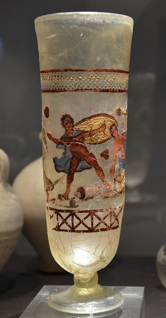 Surprisingly fresh-looking 3rd-century glass goblet with enamelled painting illustrating the myth of hero Achilles’ amorous adventures on the island of Skyros. Unearthed 1991 in excavation on Richard Wagner Strasse, Cologne (Romisch-Germanisches Museum)