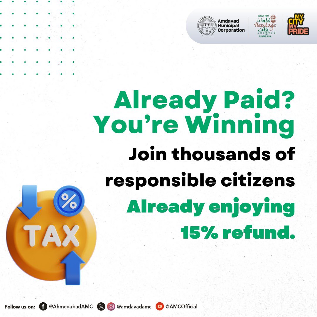 AmdavadAMC's tweet photo. Be one of them — pay your property tax in advance.
Rebate valid till 30th April.
Online: https://t.co/YoNfOe3LZA
#SmartTaxSmartSavings #AdvanceTaxBenefit #AMCPropertyTax #SaveWithAMC #PayEarlySaveMore https://t.co/NeGiNe6EIo
