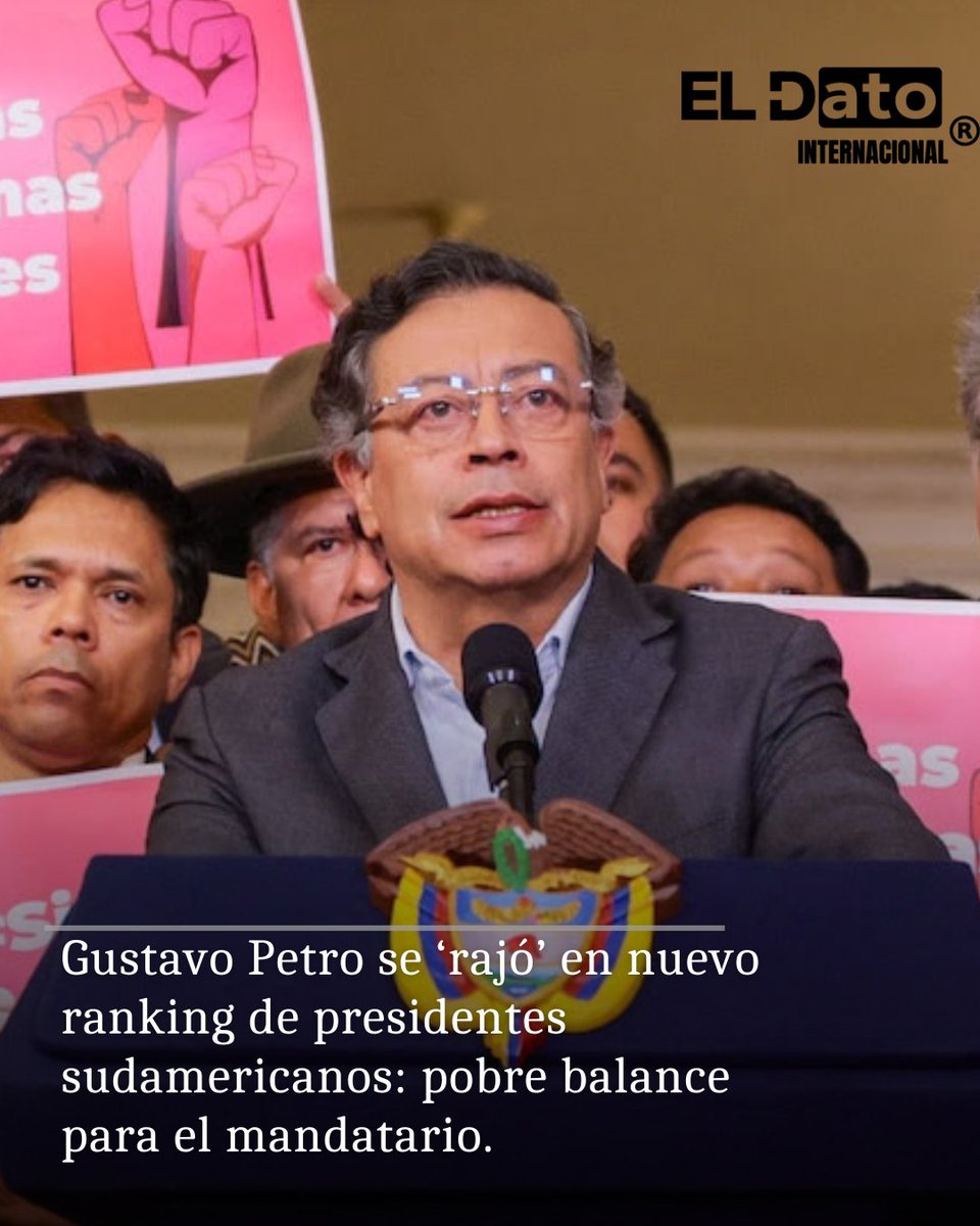 ElDatoIntern's tweet image. 🌐#Colombia | Gustavo Petro se ‘rajó’ en nuevo ranking de presidentes sudamericanos: pobre balance para el mandatario.
El presidente colombiano no logró superar el mal momento que atraviesa su imagen pública y se ubicó en la parte baja de la tabla, con un alto nivel de rechazo…