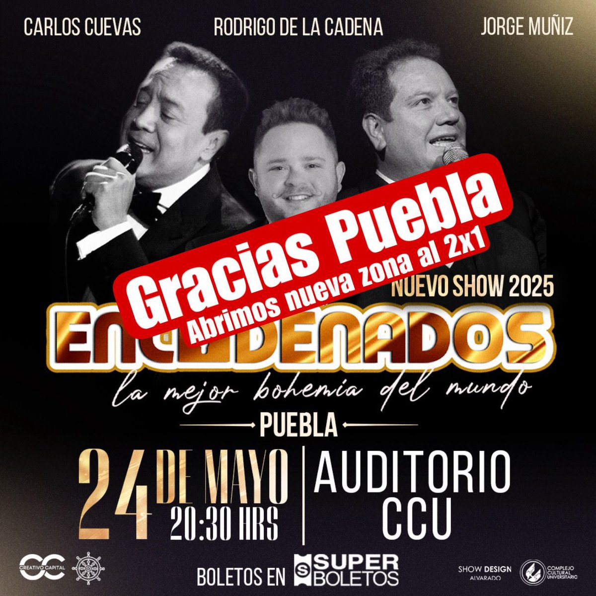 Agencia Access (@agenciaaccess) on Twitter photo “Encadenados” con <a href="/carlos_cuevas/">CARLOS CUEVAS</a>, <a href="/RodrigoDLCadena/">Rodrigo De La Cadena</a> y Jorge “Coque” Muñiz este 24 de mayo a las 20:30 horas en el Auditorio <a href="/CCUBUAP/">CCU BUAP</a>.
Boletos desde $300.
Boletos a través de Superboletos.com y puntos de venta autorizados. “Encadenados” con <a href="/carlos_cuevas/">CARLOS CUEVAS</a>, <a href="/RodrigoDLCadena/">Rodrigo De La Cadena</a> y Jorge “Coque” Muñiz este 24 de mayo a las 20:30 horas en el Auditorio <a href="/CCUBUAP/">CCU BUAP</a>.
Boletos desde $300.
Boletos a través de Superboletos.com y puntos de venta autorizados.