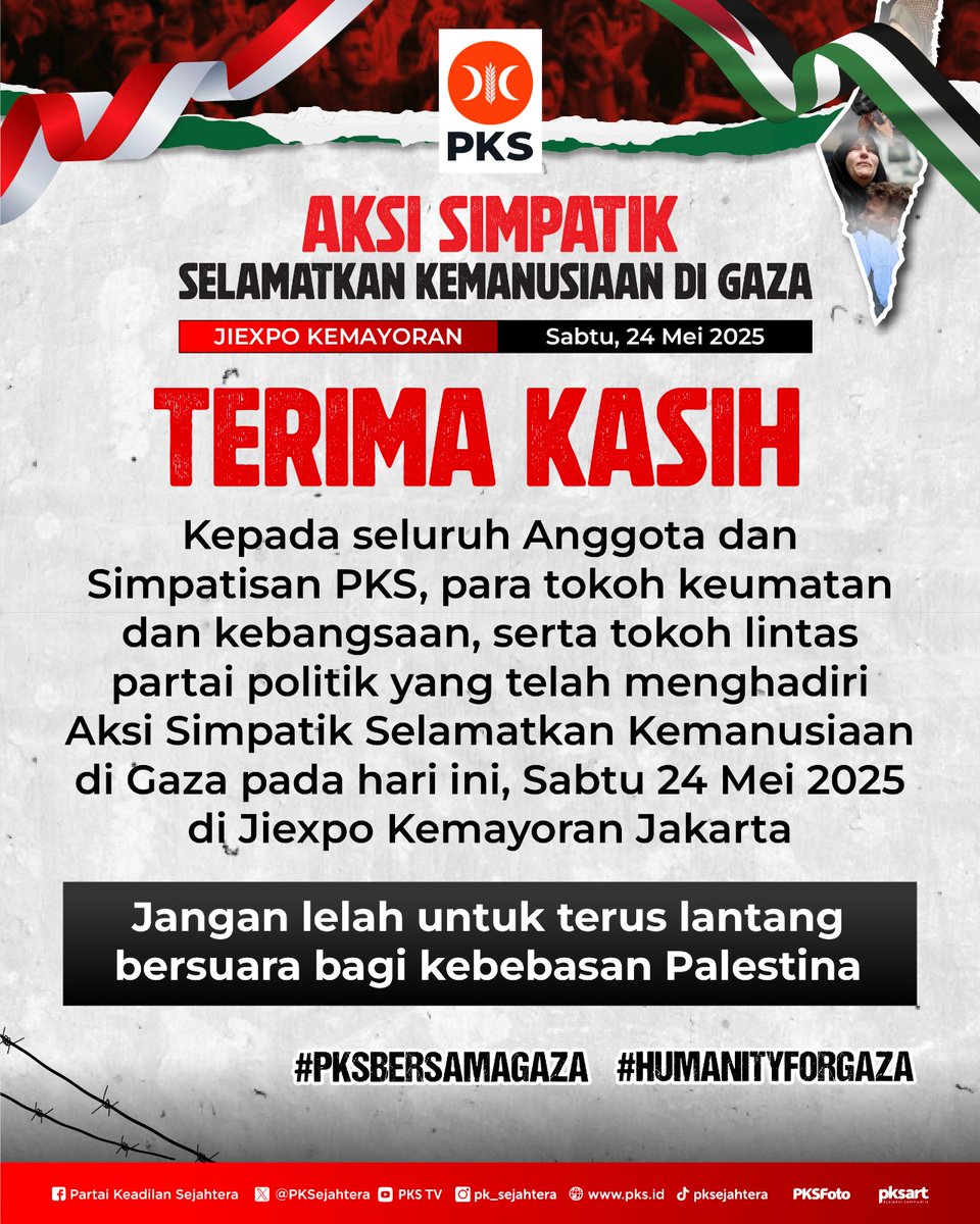 Kami ucapkan terima kasih kepada seluruh masyarakat yang telah hadir dalam Aksi Simpatik Selamatkan Kemanusiaan di Gaza pada hari ini

#PKSbersamaGaza 
#HumanityForGaza