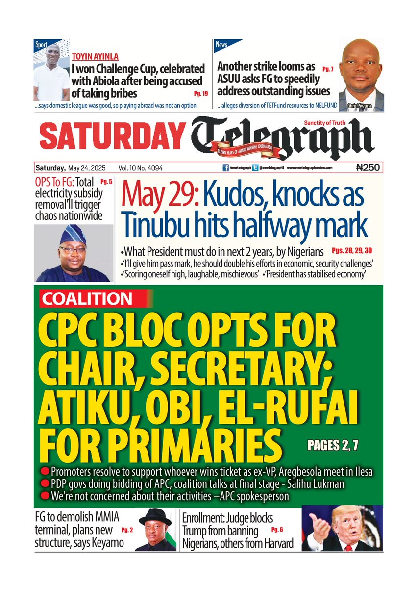 Ishaku__Audu's tweet photo. 24/05/25
#Newspapers #CoverPages #BreakingNews #football
#TheHeadline #Nigeria
#Gaza
Nigerians
@KashimSM
@ProfZulum
@GovBuni
@JibrinIbrahim17
@KhalifaDikwaPhD
@Senatorndume
@honbetara1
@NuhuRibadu
@B_ELRUFAI
@alouibrahim92
@ZagazOlaMakama
@DejiAdesogan
@secmxx
@AbbakarAffan
1. https://t.co/1OGpW3gz0Z