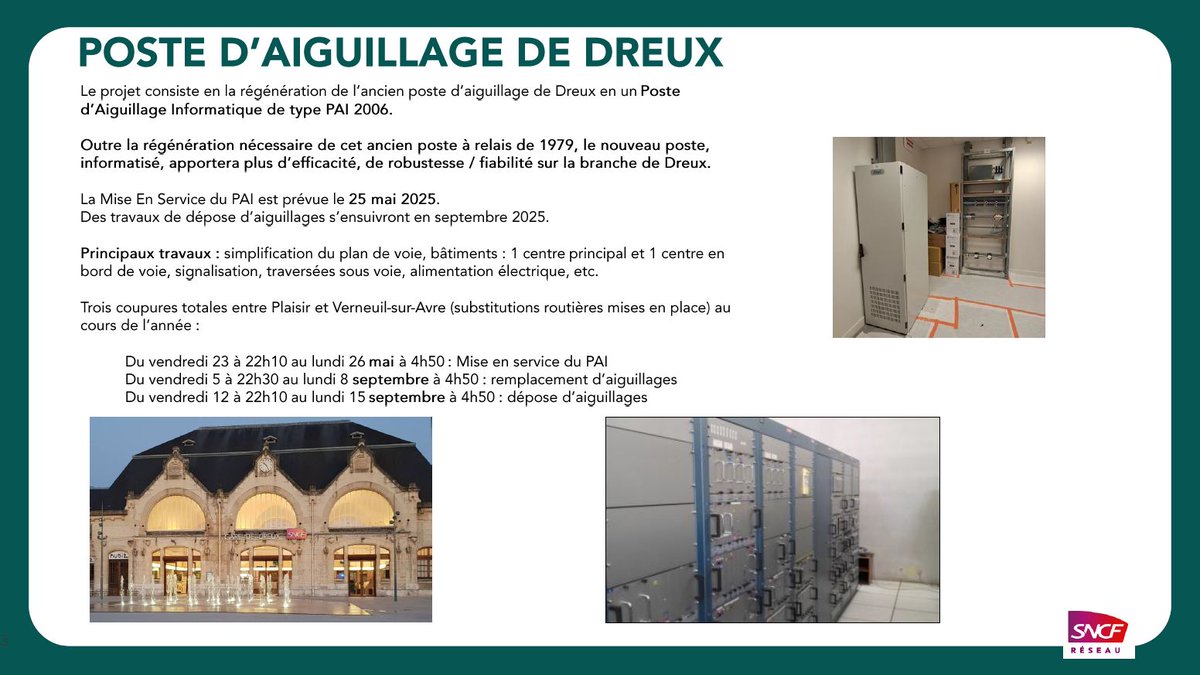 AUT / FNAUT IDF (@asso_usagersidf) on Twitter photo Ce week-end, le nouveau poste d'aiguillage de la gare de Dreux est mis en service. On peut espérer un effet positif pour la fiabilité de cette branche de la ligne N et des TER + dans les années à venir, moins de fermetures pour travaux Ce week-end, le nouveau poste d'aiguillage de la gare de Dreux est mis en service. On peut espérer un effet positif pour la fiabilité de cette branche de la ligne N et des TER + dans les années à venir, moins de fermetures pour travaux