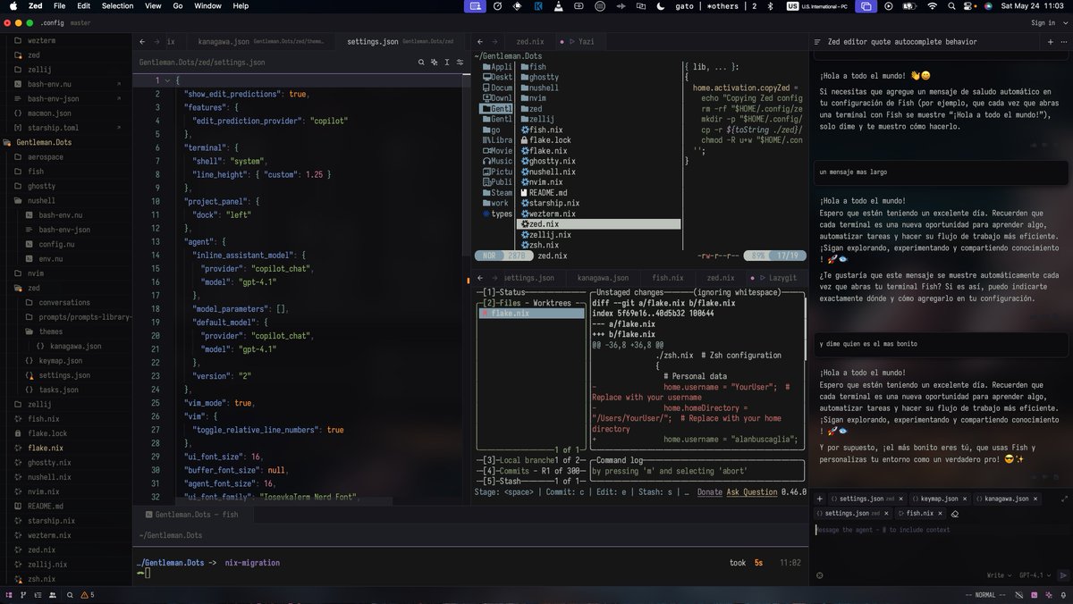 G_Programming's tweet image. probando cosas nuevas !!

@zeddotdev  con integración nativa a #Yazi para manejo de archivos y #lazygit para manejo de #git. 
También custom team basado en #Kanagawa con transparencias y atajos custom para seguir con mi flujo de trabajo que tenía en #nvim.

Seguiremos chequeando