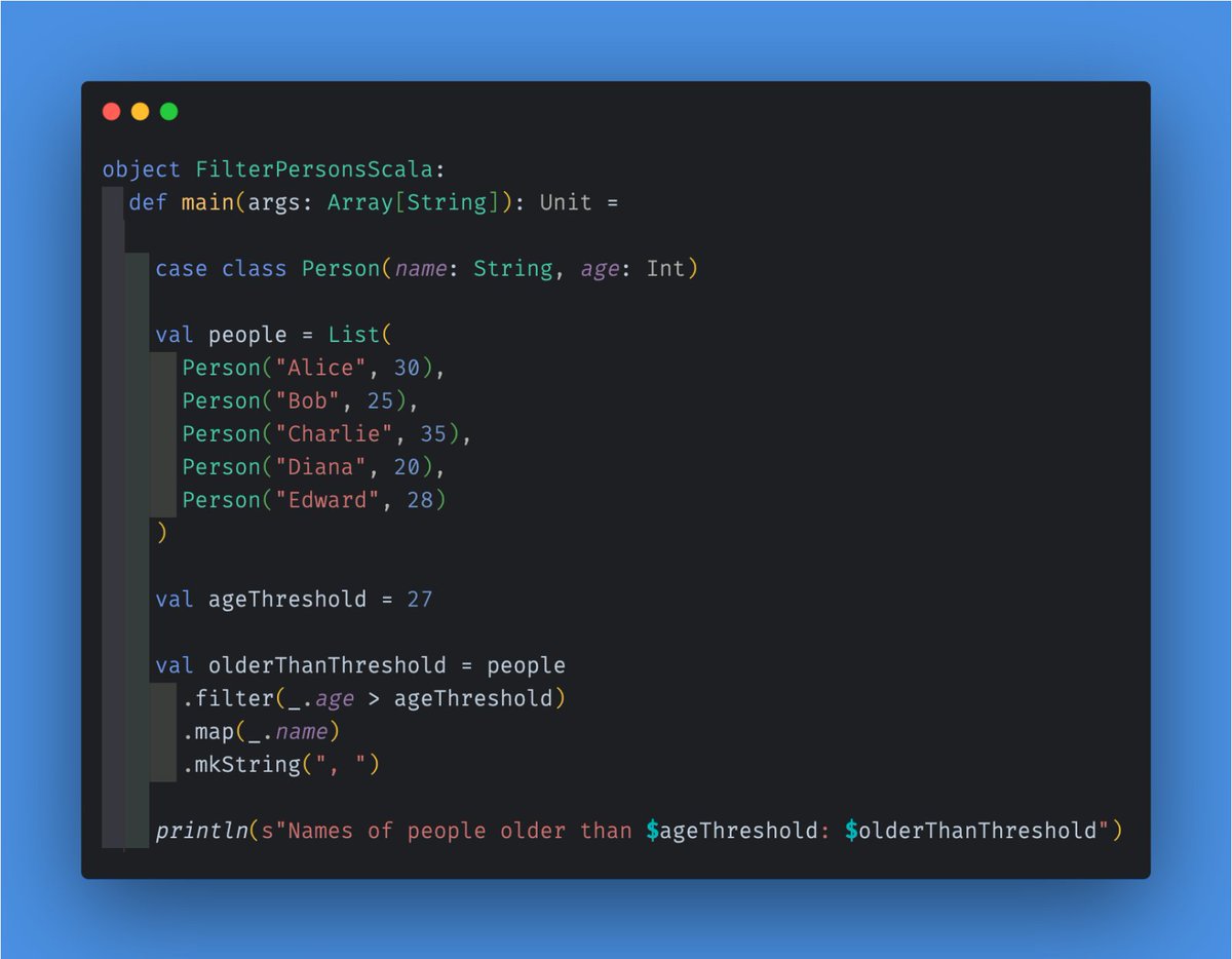 kumarmukesh_02's tweet image. Let's say you are a Java developer looking to take the next step and fully dive into functional programming. Don't be scared of Scala's syntax! Take a look - it's often more familiar than you might think! #Java30Countdown #functionalprogramming