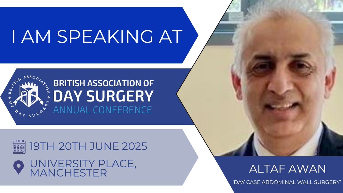 Derby Pancreaticobiliary & Robotic AWR Unit (@derbypbunit) on Twitter photo We are delighted to see <a href="/altaf_awan12/">Altaf K Awan</a> invited to give a talk at the British Association of Day Surgery Annual Conference 2025 at University Place, Manchester on 19th and 20th June.
Title of the talk is: Role of robotics in daycase hernia surgery.
Register for the conference at: We are delighted to see <a href="/altaf_awan12/">Altaf K Awan</a> invited to give a talk at the British Association of Day Surgery Annual Conference 2025 at University Place, Manchester on 19th and 20th June.
Title of the talk is: Role of robotics in daycase hernia surgery.
Register for the conference at: