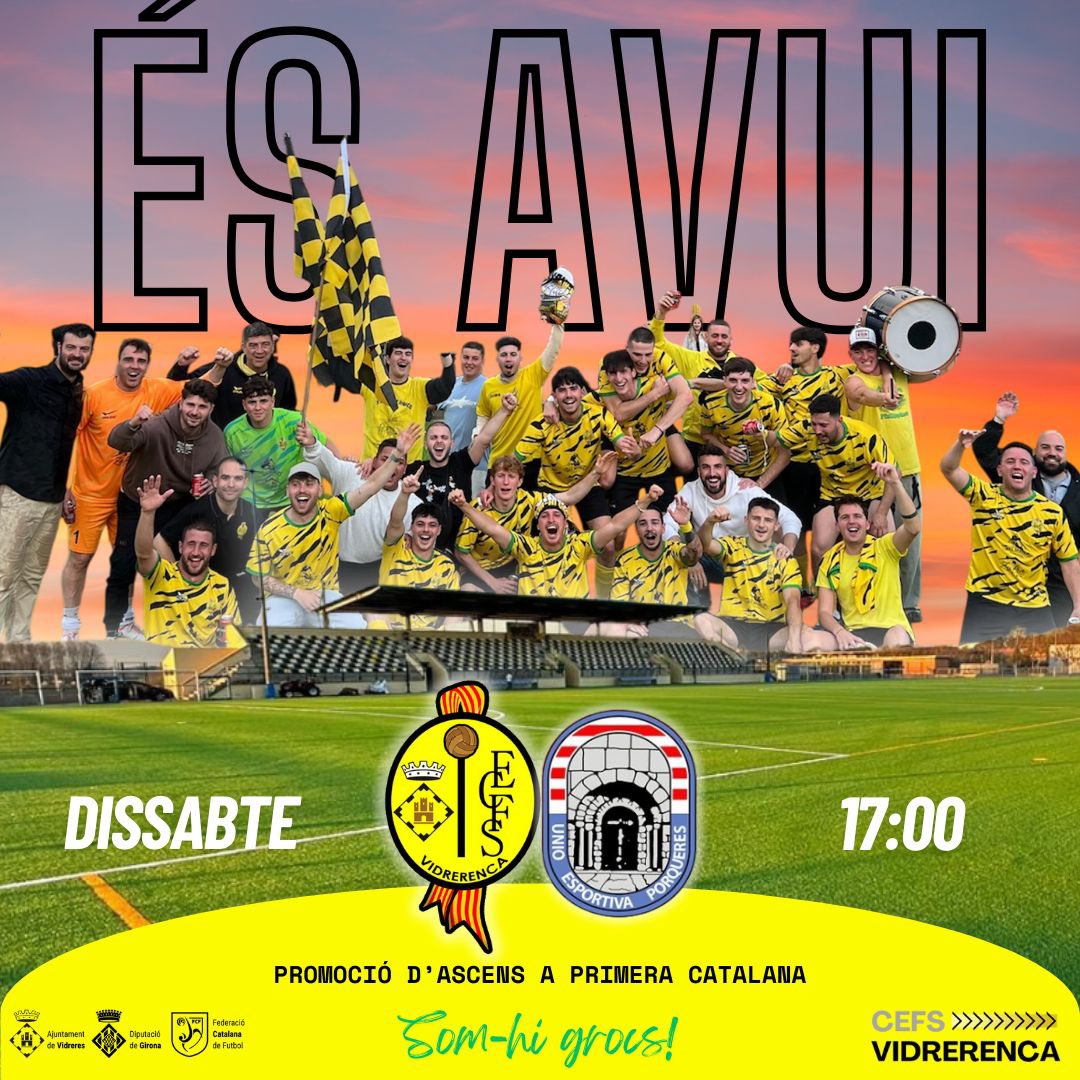 ⚽️ D I A   D E   P A R T I T ⚽️

🆚 <a href="/UEPorqueres_/">UNIÓ ESPORTIVA PORQUERES🎗</a> 
🏟 Camp Municipal de Vidreres
🕔 17:00h
👨🏻‍⚖️ Marc Cabrera Vidal
⚔️ Promoció d'ascens a #1cat 

VINE DE GROC AL MUNICIPAL!!! 💛

#somhigrocs #2cat1