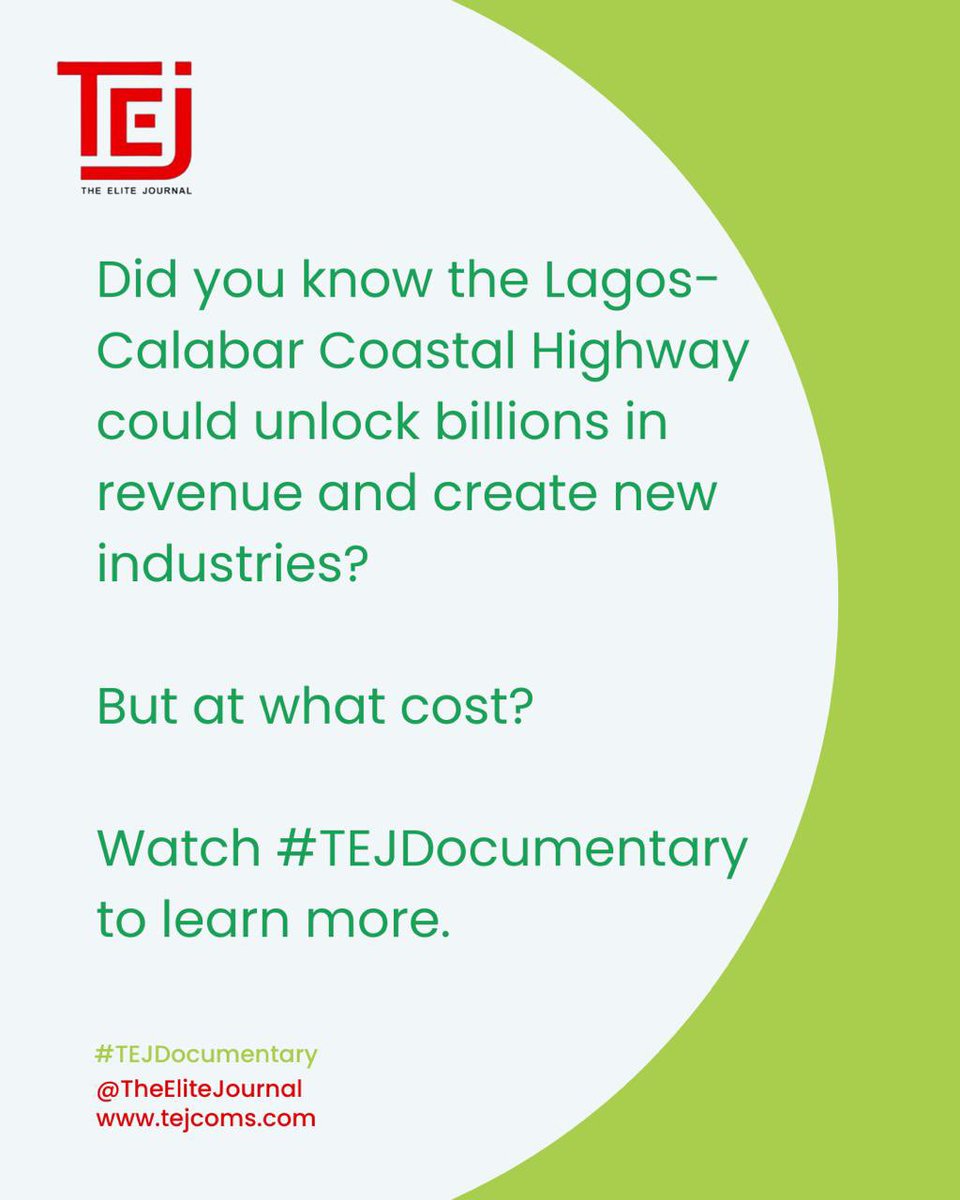 ModestXavierr's tweet photo. Did you know the Lagos-Calabar Coastal Highway could unlock billions in revenue and create new industries? But at what cost? Watch #TEJDocumentary to learn more.
https://t.co/rR0ZqOFAHw https://t.co/ZyuAYJ6O24