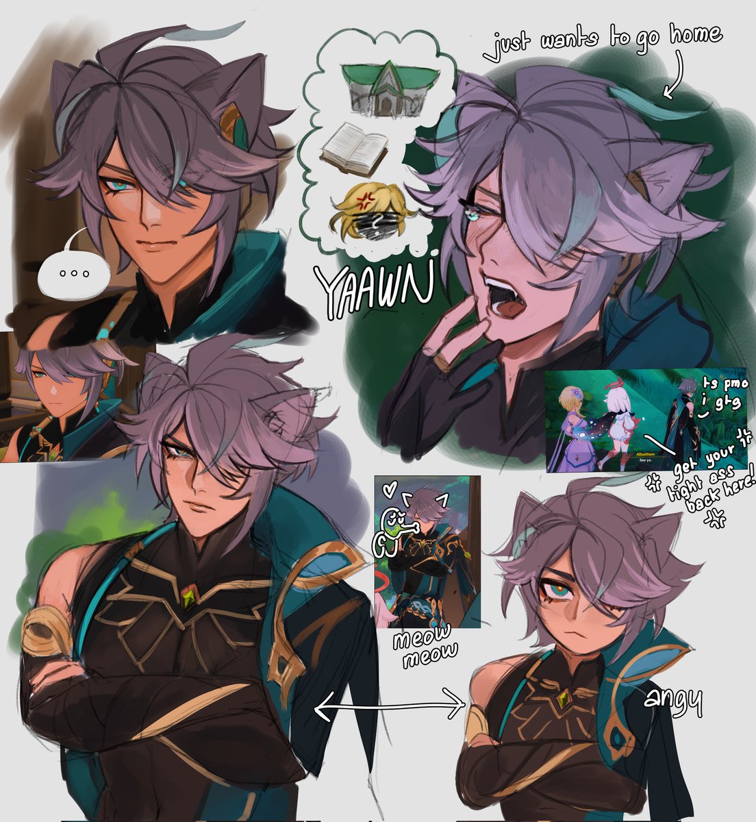 dendromore's tweet photo. #Alhaitham Story Quest doodles from when I watched people replay it twice in one day https://t.co/FKKzanmOZp