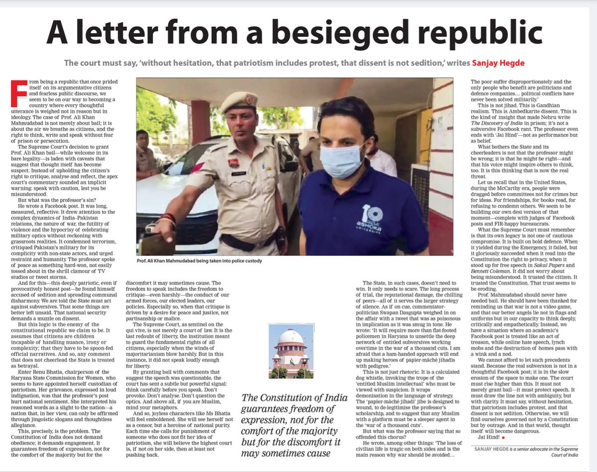 SANJAY HEGDE (@sanjayuvacha) on Twitter photo A letter from a beiseged republic. My article in <a href="/NationalHerald/">The National Herald</a> today about the <a href="/Mahmudabad/">Ali Khan Mahmudabad</a> case. A letter from a beiseged republic. My article in <a href="/NationalHerald/">The National Herald</a> today about the <a href="/Mahmudabad/">Ali Khan Mahmudabad</a> case.