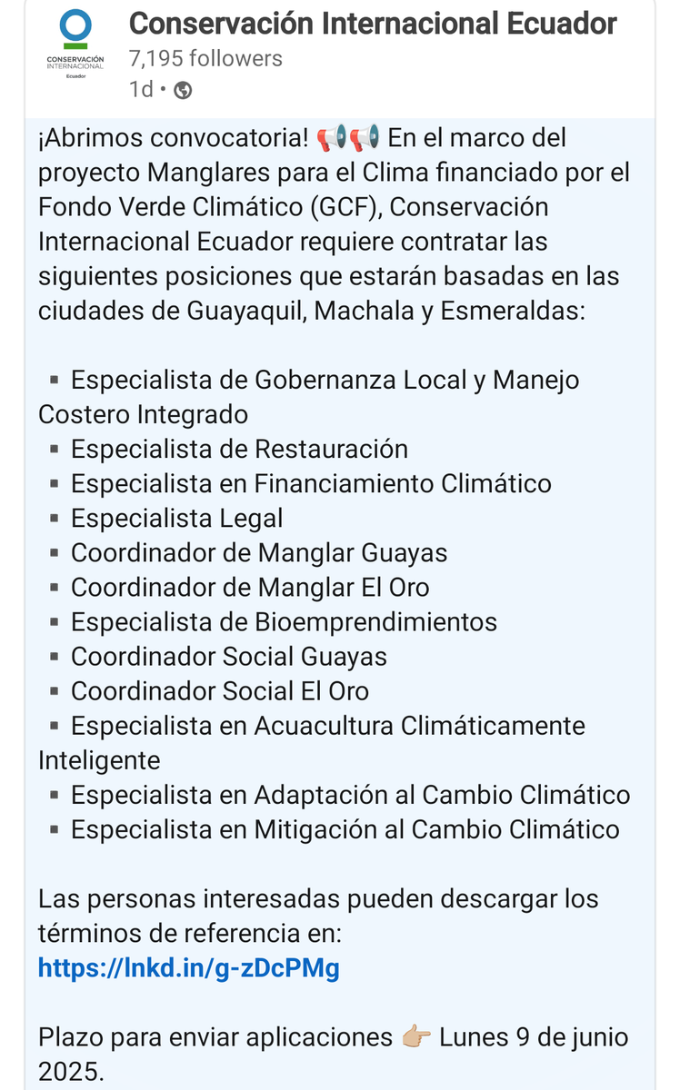 Pcasbri's tweet image. #convocatoria para coordinadoras y especialistas en manglares, cambio climático y acuacultura.
#Ecuador #Oceano #Oportunidades linkedin.com/posts/pcasbri_…