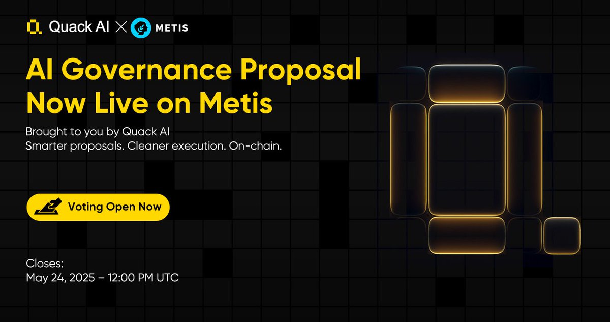 QuackAI_AI's tweet photo. Big things brewing...

@MetisGovernance just kicked off a vote to bring Quack AI to @MetisL2.

If approved:
→ Proposals get AI-filtered
→ Voting gets prioritized
→ Execution runs on-chain, automatically

No cluttery dashboards. 
No chaos. Just cleaner DAO ops.

Voting ends May 24th at 12PM UTC!

Jump in:
https://t.co/799ZFy5yy7
