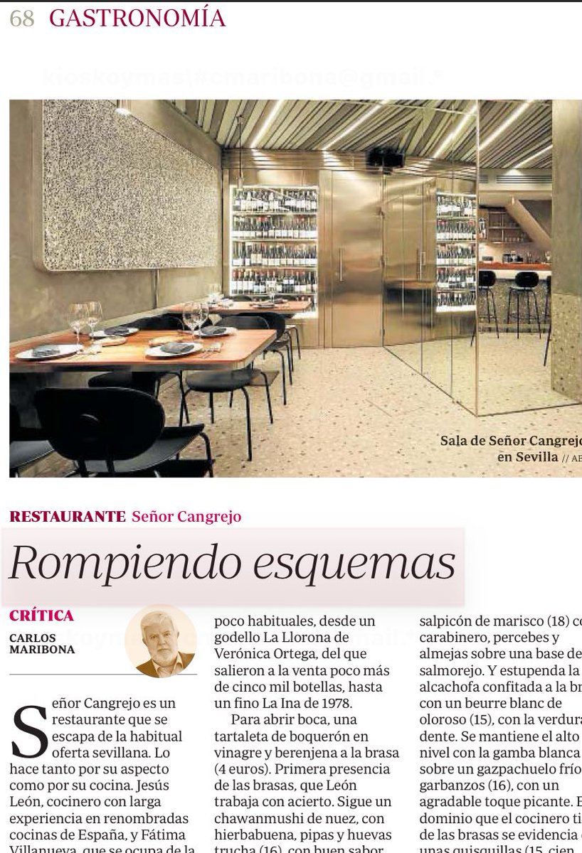 Carlos Maribona (@salsadechiles) on Twitter photo Sábado. Páginas de gastronomía en la edición impresa de <a href="/abc_es/">ABC.es</a>. Con mi crítica del sevillano Señor Cangrejo. Y un buen reportaje de <a href="/ADelgadoLeon/">Adrián Delgado León</a> sobre el trabajo de <a href="/IvanCerdenoL/">Iván Cerdeño López</a> en Toledo con viejos recetarios. Sábado. Páginas de gastronomía en la edición impresa de <a href="/abc_es/">ABC.es</a>. Con mi crítica del sevillano Señor Cangrejo. Y un buen reportaje de <a href="/ADelgadoLeon/">Adrián Delgado León</a> sobre el trabajo de <a href="/IvanCerdenoL/">Iván Cerdeño López</a> en Toledo con viejos recetarios.