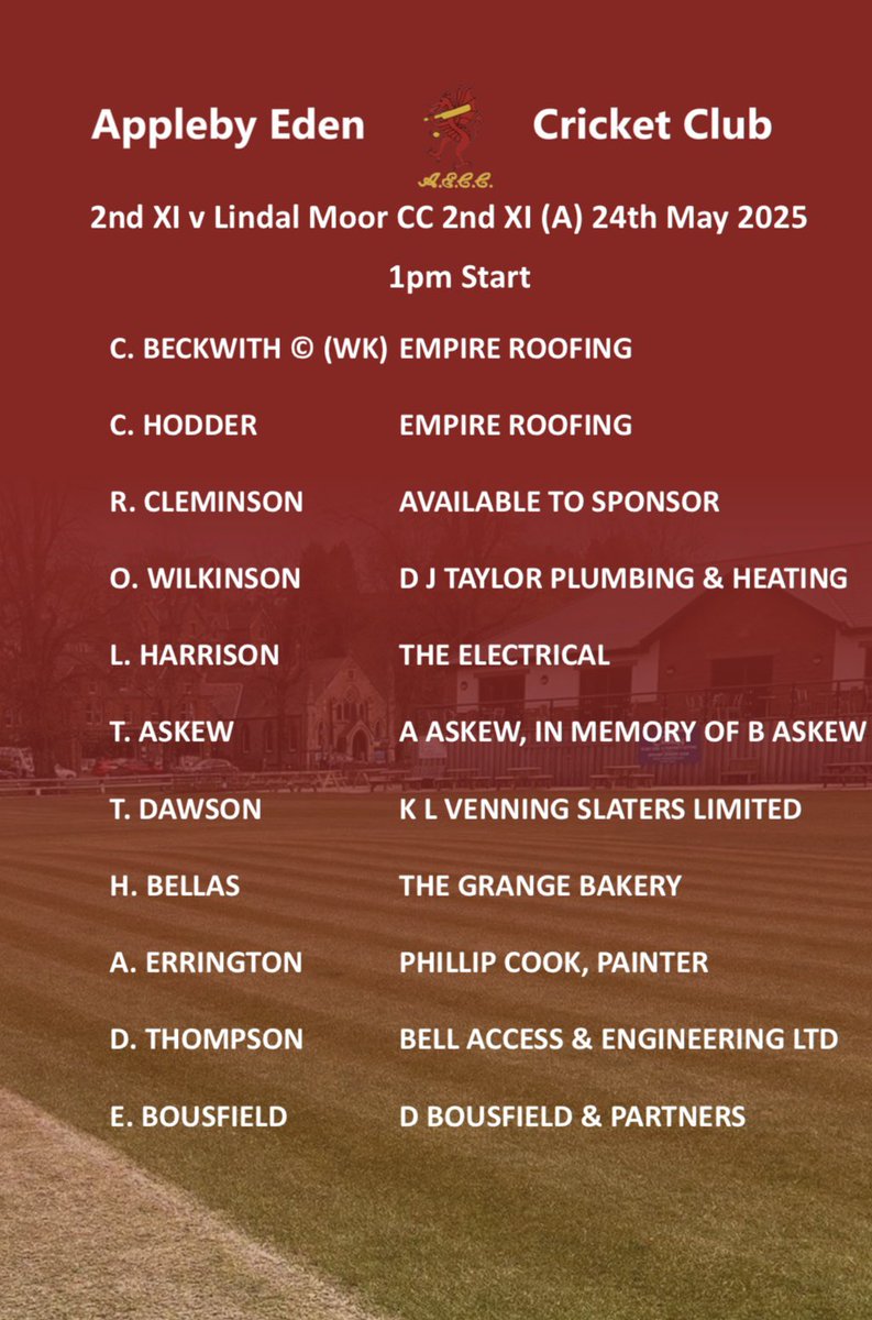 Game day!
1st XI v Silverdale (H) 1pm
2nd XI v Lindal Moor 2s (A) 1pm

Sunday:
3rd XI v Ulverston 3s (H) 1pm

#AECC