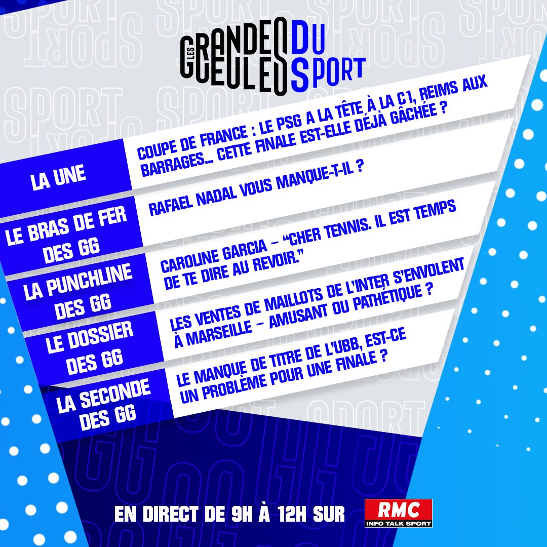 Les Grandes Gueules du Sport - RMC (@ggsportrmc) on Twitter photo ⏰ Salut tout le monde, on lance le samedi de sports sur <a href="/RMCInfo/">RMC</a> avec ce joli programme.
👥 <a href="/JCDrouet/">JC Drouet</a> <a href="/julienbenneteau/">Julien Benneteau</a> <a href="/ccessieux06/">Cessieux christophe</a> <a href="/Bigfredstyle/">Fred Weis</a> & Cédric Heymans autour de la table ⏰ Salut tout le monde, on lance le samedi de sports sur <a href="/RMCInfo/">RMC</a> avec ce joli programme.
👥 <a href="/JCDrouet/">JC Drouet</a> <a href="/julienbenneteau/">Julien Benneteau</a> <a href="/ccessieux06/">Cessieux christophe</a> <a href="/Bigfredstyle/">Fred Weis</a> & Cédric Heymans autour de la table