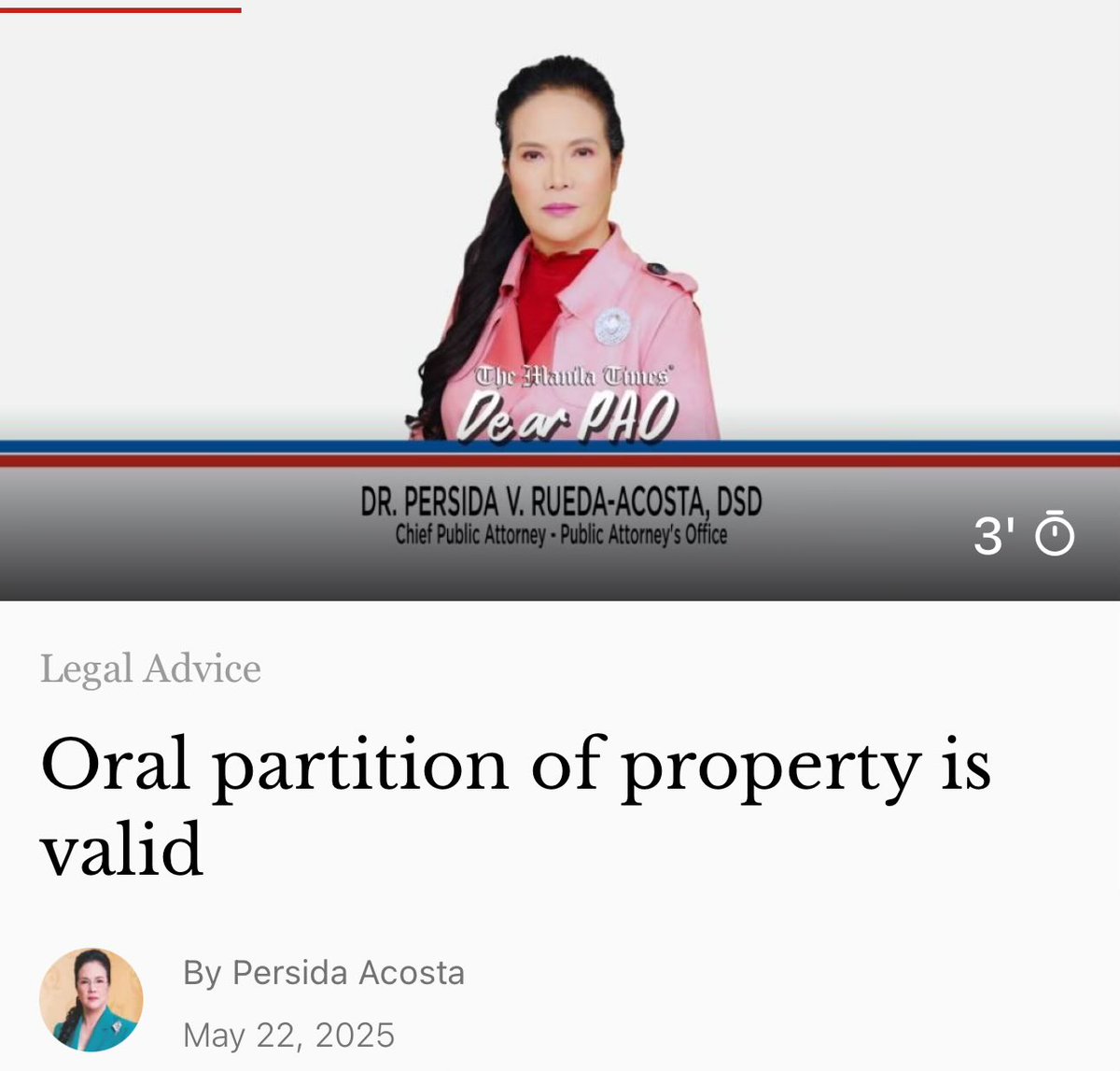 persidaacosta's tweet photo. Dear PAO,
I have a question regarding the property left to us by our parents.
We are four siblings, and I wanted to ask if an oral partition is valid.
-Vicente
Read: https://t.co/EmHmCcgm1X
#DearPAO #PersidaAcosta #LegalAid https://t.co/Ywqmfdf5HN