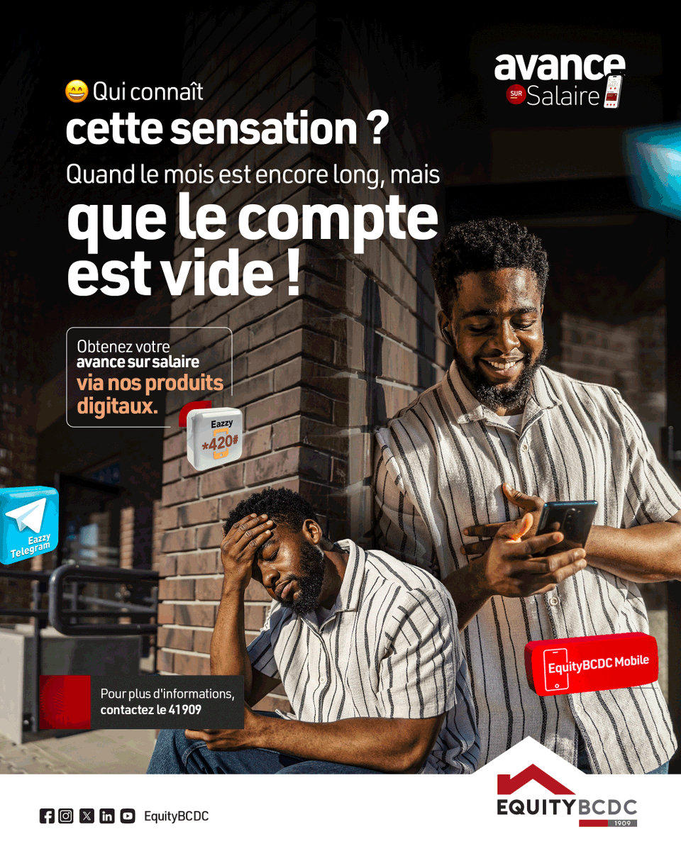 EquityBCDC's tweet image. Avec EquityBCDC, obtenez votre avance sur salaire en quelques clics via nos solutions digitales !

Tapez *420# ou connectez-vous sur l’appli EquityBCDC Mobile.

Pour plus d&apos;informations, contactez le 41909.

#EquityBCDC #AvanceSurSalaire #SolutionsDigitales