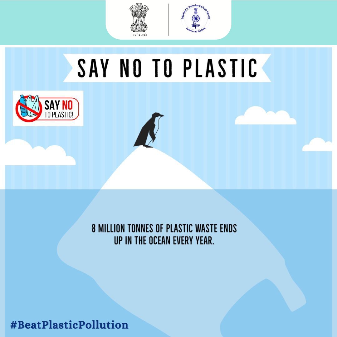 diprjk's tweet image. #BeatPlasticPollution
Every year, 8 million tonnes of plastic end up in our oceans, harming marine life and ecosystems.
It's time to act—Say NO to plastic and YES to a cleaner planet.
#SaveTheEnvironment #NoToPlastic
@moefcc @DDNewslive 
@airnewsalerts @PIB_India