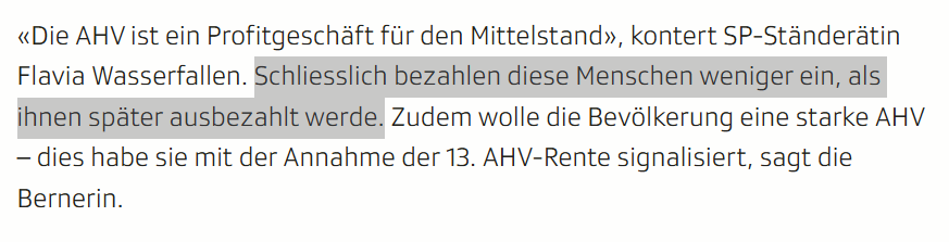 Die Tatsache, dass heutige Rentner im Durchschnitt deutlich mehr ausbezahlt bekommen als sie jemals in die AHV eingezahlt haben, ist ja die treibende Kraft hinter dem strukturellem #Defizit der AHV. 

Das ist ein #Bug und kein #Feature...

#Schneeballsystem