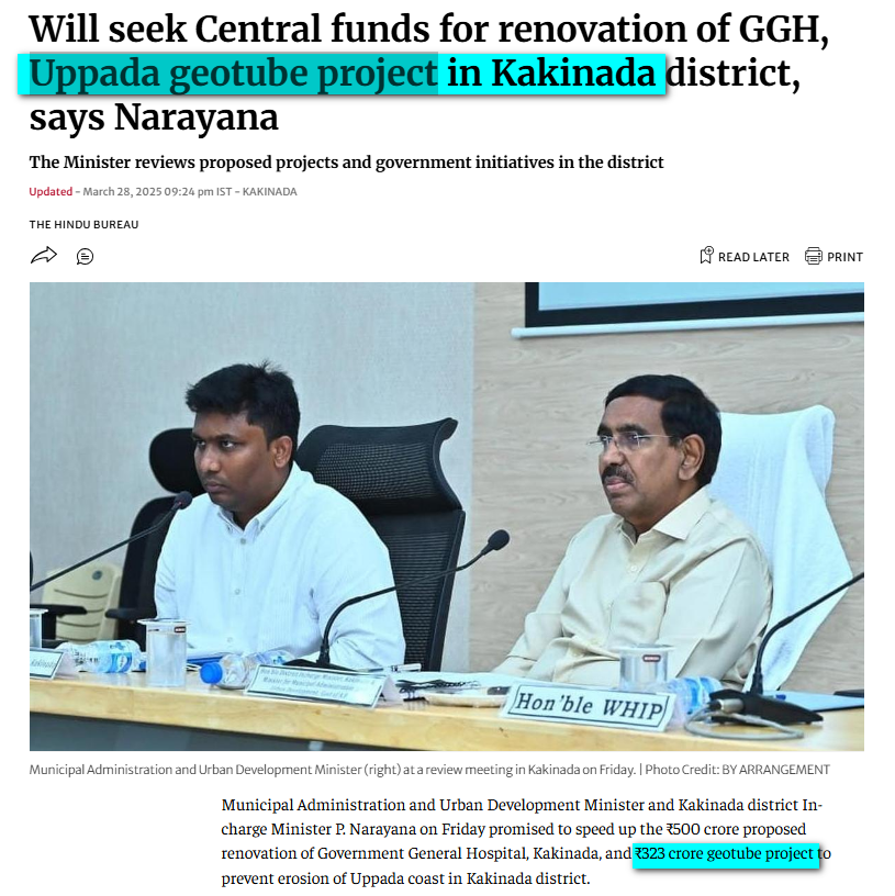 eclector1419857's tweet photo. 🚨#Uppada lost ~130 acres to #seaerosion in 4 decades.
The #GeoTube wall (2008–2011) failed.
2 proposals submitted in 2020.
A 5-layer DTRB & CWPRS-recommended wall planned.
Estimated cost: ₹200 CR.
By 2025, it escalated to ~₹325 CR.
#Kakinada needs this project. https://t.co/EJz47BRG1v