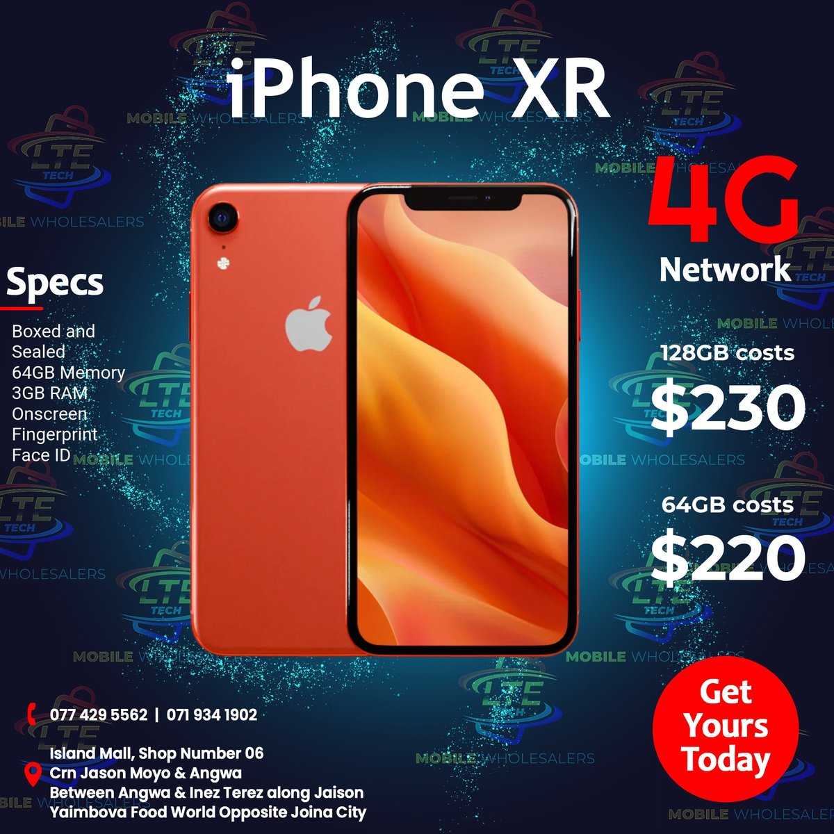 LTEtech_Boss's tweet photo. Unbox the future with the iPhone XR! Featuring 128GB of storage, 3GB RAM, and seamless security with Onscreen Fingerprint and Face ID. Available now! #SmartphoneDeals https://t.co/JCkcquzUIl
